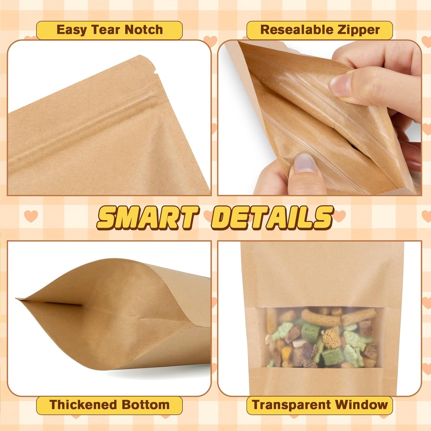 Jetmore-50pack-Smell-Proof-Bag, Reusable Zip Lock Bags with Window, Resealable Stand Up Packaging Bags, Brown Paper Pouches for Coffee, Tea, Herbs, Spice, Snack, Baked Goods, Goodie Bags