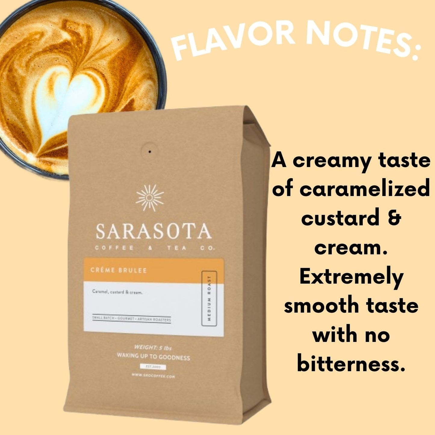 Sarasota Coffee Whole Bean Creme Brulee | Medium Roast Gourmet Flavored Coffee Beans | Low Acid, Mold Free, Specialty Grade Bulk Beans | 5lb (80 oz)