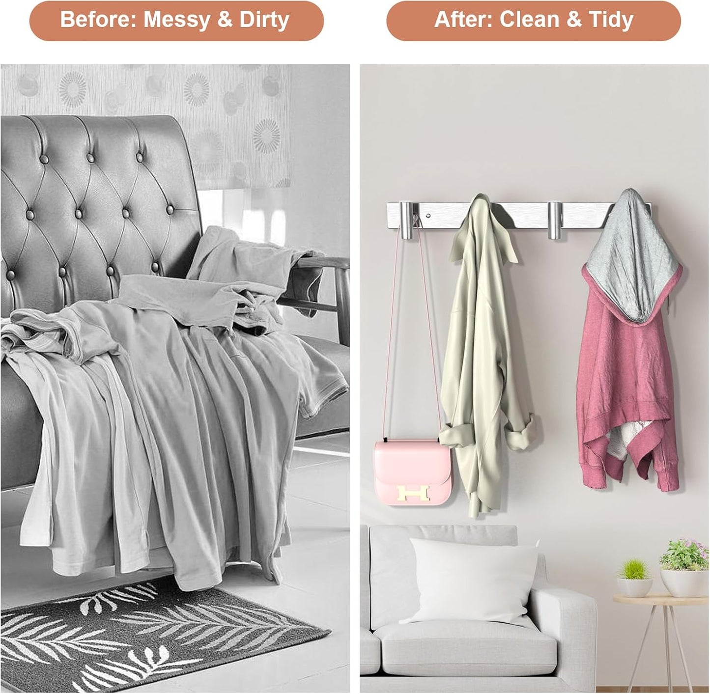 VAEHOLD Silver Hat and Coat Wall Mount Rack - Coat Rack with 4 Hooks for Robes, Bags, Keys, and Towels - Bathroom Towel Hanger Organizer (2 Pack)