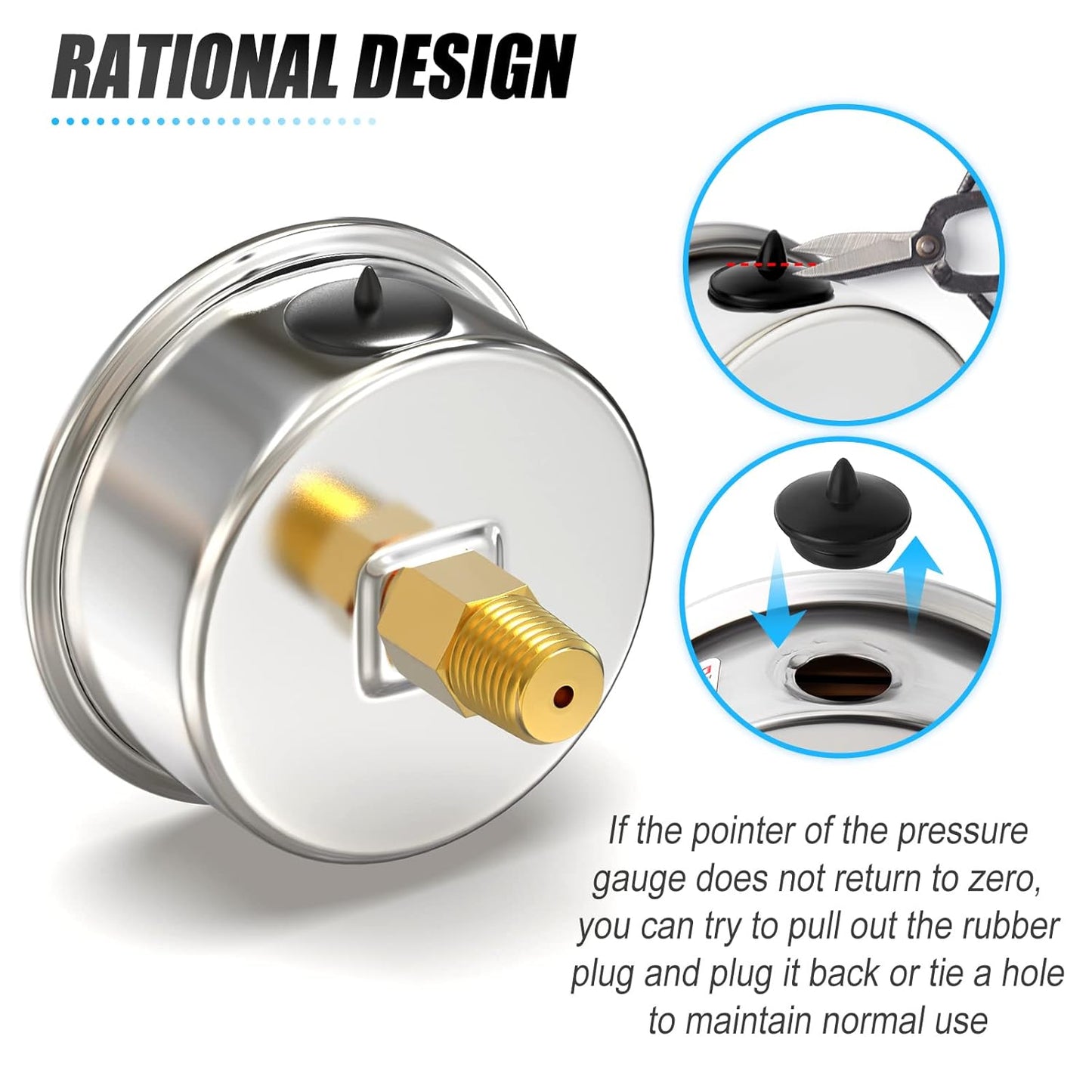 MEANLIN MEASURE -30inHG~30Psi Stainless Steel 1/8" NPT 2.5" FACE DIAL Vacuum Pressure Gauge, Center Back Mount, with 1/4" NPT and 3/8" NPT Hex Bushing