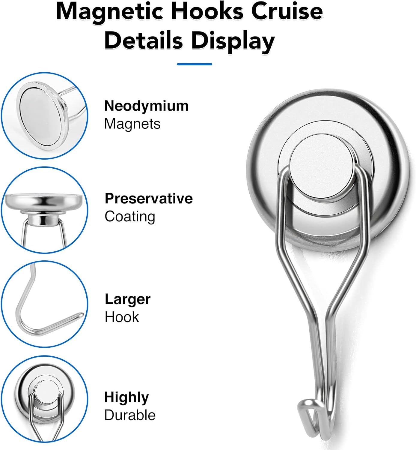 LOVIMAG Hooks, 110lbs+ Magnetic Magnet Hook 2025 Cruise Cabin Ship Essentials Heavy Duty Strong Refrigerator Fridge Hanging for Classroom Beach Vacation Kitchen Grills Home Mug Hanger (8 Pack), Silver