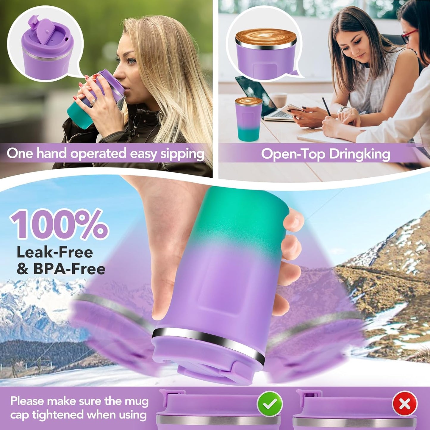 Volhoply 12 oz Double Wall Insulated Vacuum Travel Coffee Mug with Flip Lid Bulk 4 Pack,Reusable Stainless Steel Leak Proof Coffee Cup,Portable Thermal Tumbler for Hot&Cold Drinks(Purple Green,4 Set)