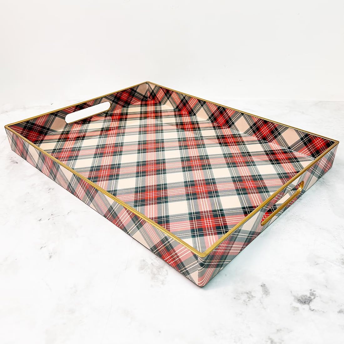 Rectangular Decorative Tray with Handles, Plastic Serving Tray for Living Room, Home Decor, Christmas,15.7" x 11.8" Red Plaid