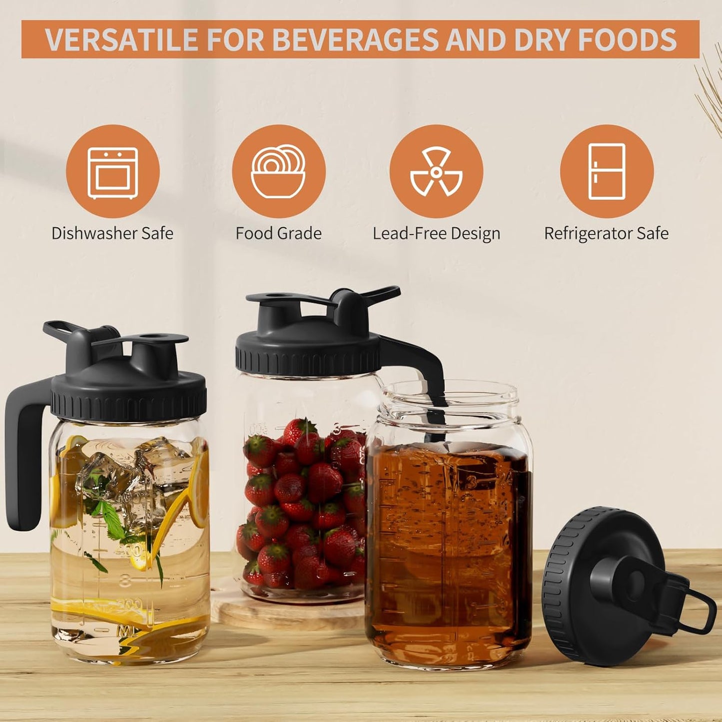 Glass Mason Jar Pitcher - 32oz with Pour Spout Lid, Airtight Seal - Ideal for Cold Brew Coffee, Juice, Lemonade, and More - Premium Glass Jug for Beverages and Sun Tea-Dark Cover