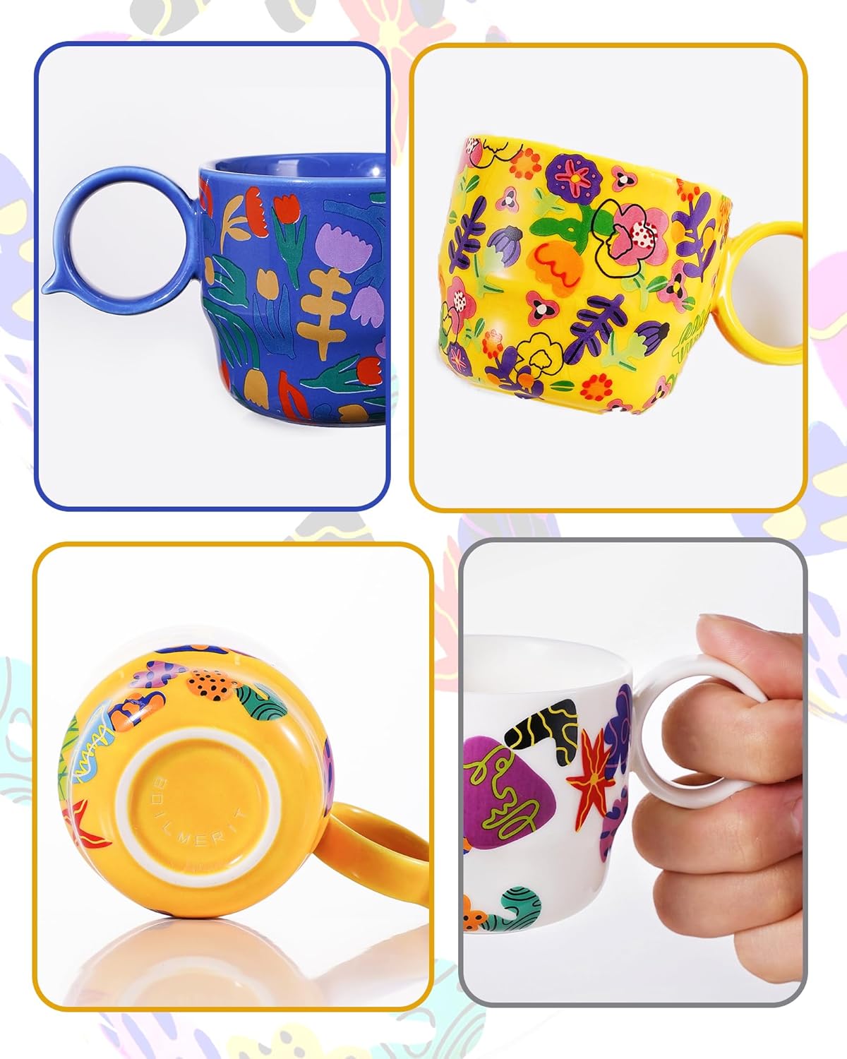 Ceramic Espresso Cups Set of 2 – Mini 3 oz Double Espresso Coffee Cups with Cute Q Handle, Floral and fruit Patterns, Small Blue Demitasse Shot Cups for Coffee Machine