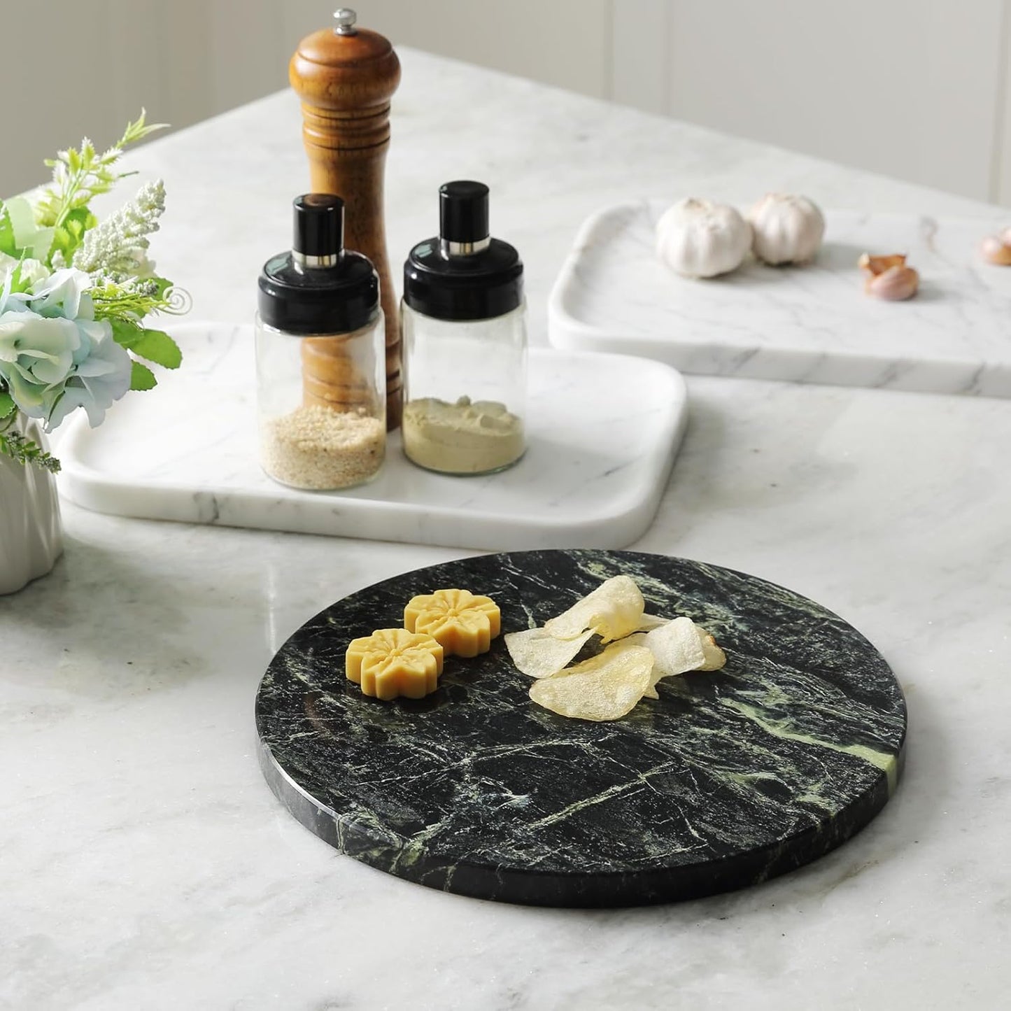 Koville Indian Natural Marble Cutting Board for Kitchen, 11inch Round Hand Crafted Marble Slab for Cheese, Charcuterie, Pastry Board - Wedding Gift, House Warming Gift(Indian Green)