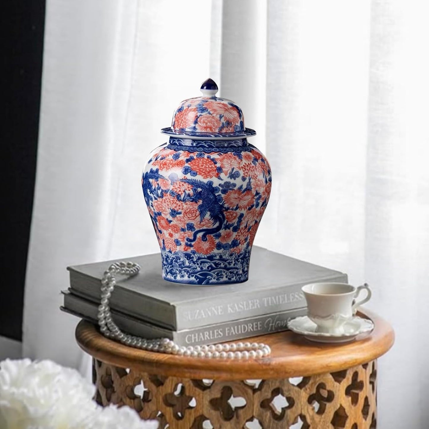 8 inches Phoenix Ginger Jar - red Ceramic Decorative with Lid flower vase, chinoiserie gift Enamel jars for Home/Kitchen/Dining/living room/shelf decor/Tea Storage