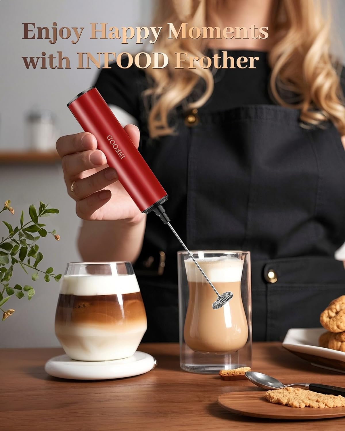 Milk Frother Rechargeable with Cover - Coffee Frother Wand, Drink Mixer Handheld with 2 Detachable Stainless Whisks 2 Speed Adjustable for Latte, Cappuccino, Hot Chocolate, Egg, Red