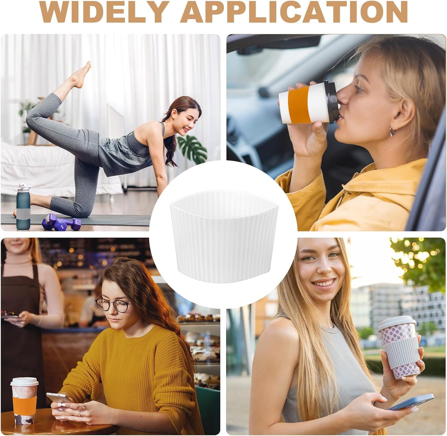 uxcell 6Pack Coffee Cup Sleeves, Reusable Silicone Heat Resistant Cup Protective Sleeve Nonslip Mug Protector Cover for Home Travel Coffee Mug Glasses Water Bottle Boots, White