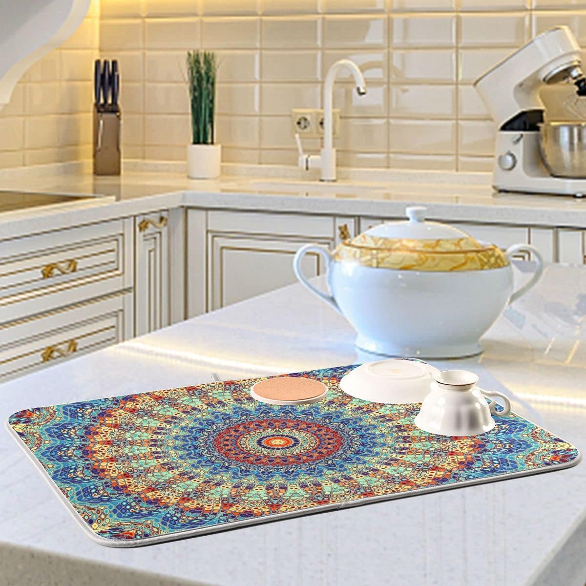 Bohemian Mandala Dish Drying Mat for Kitchen Counter Boho Ethnic Drying Mat 16 x 18 Inch with High Absorbent Reversible Microfiber Dish Drying Pad Dish Rack Pad Drainer Mat for Coffee Bar