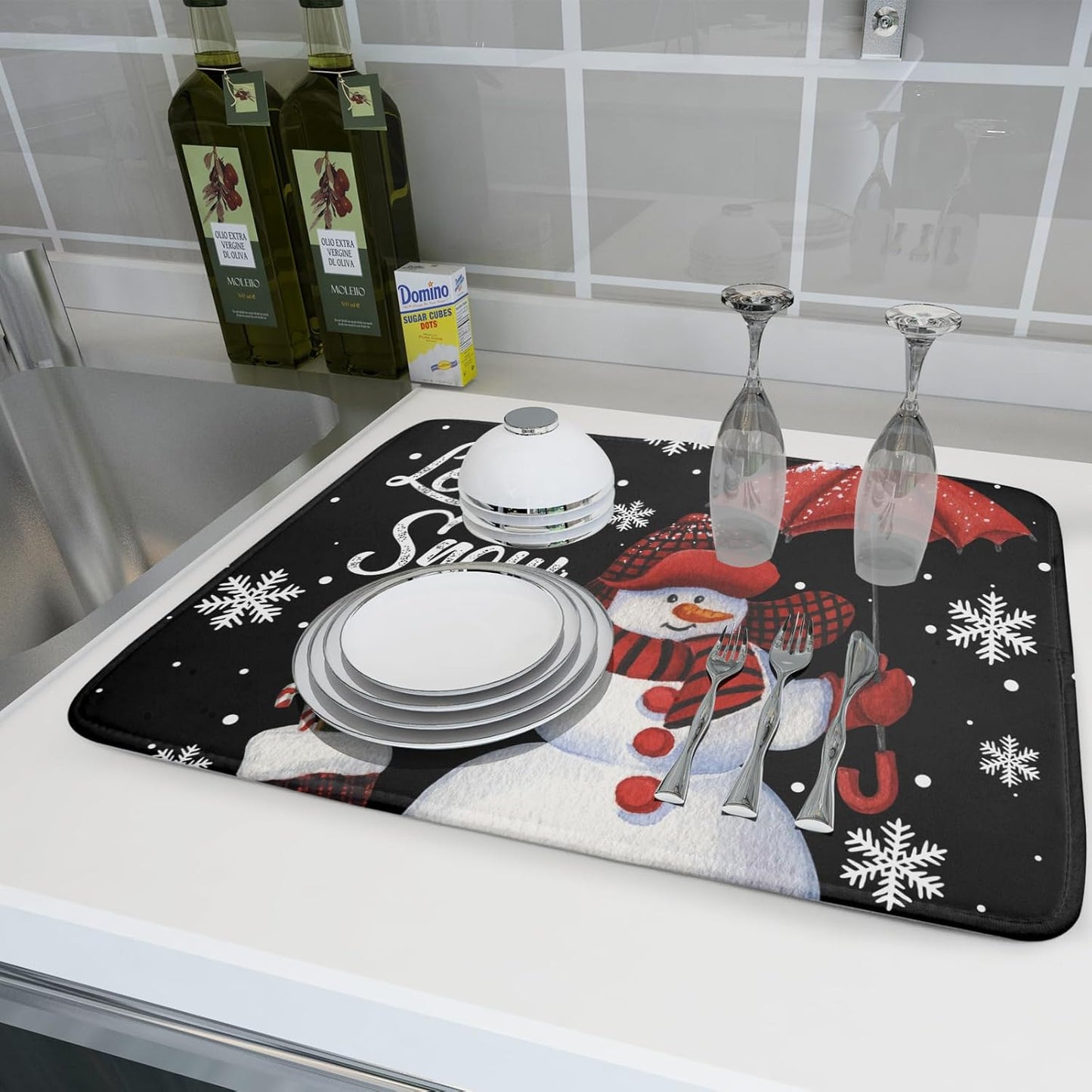 Let It Snow Dish Drying Mat, Winter Dish Drying Mat for Kitchen Counter, Christmas Cute Snowman Absorbent Fast Dry Dish Drainer Mat Protector Xmas Microfiber Dish Drying Pad 16x18 Inch
