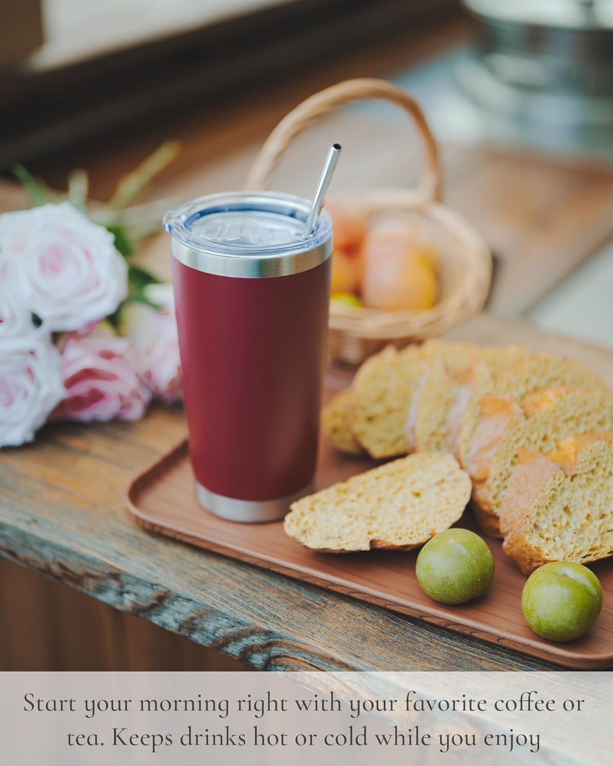 Travel Coffee Tumbler 20oz, 1 Pack Leakproof Travel Coffee Mug with Lid and Straw, Stainless Steel Double Wall Vacuum Insulated Tumbler for Hot/Iced Drinks (Textured Matte, Soft Pink)