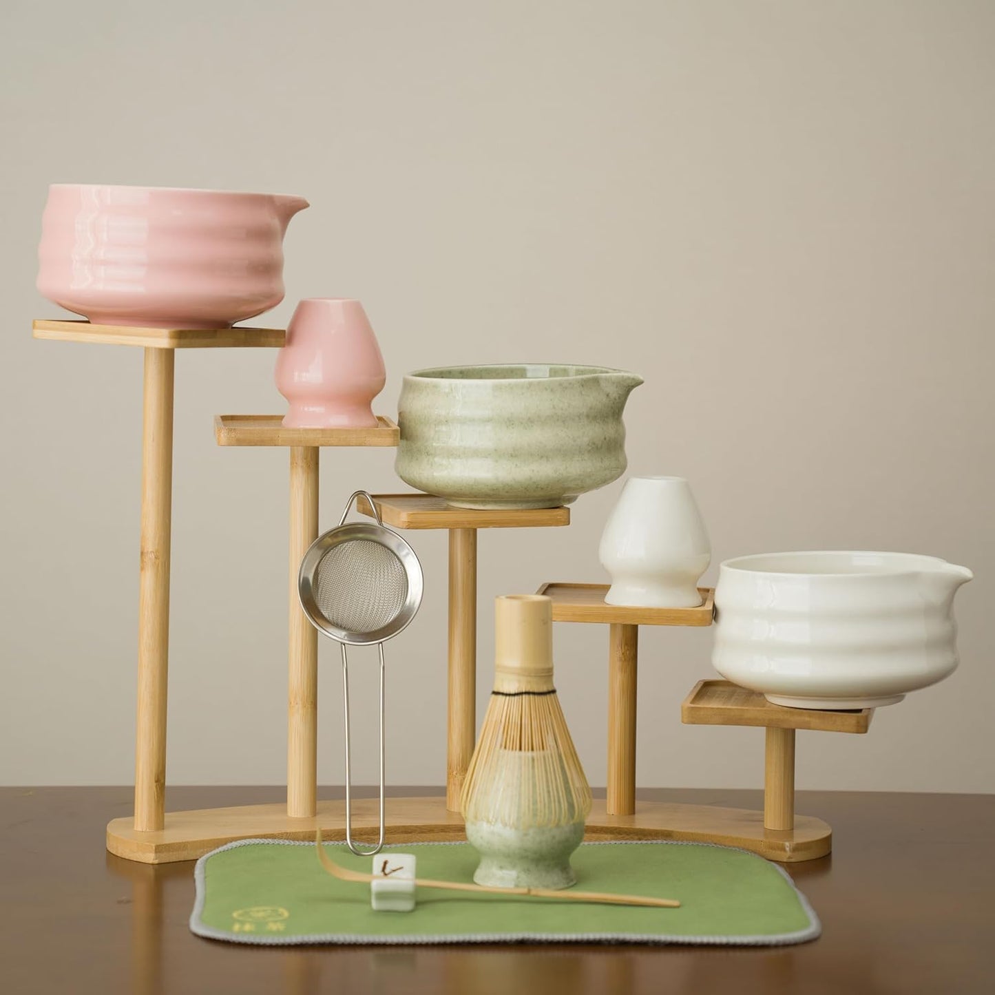 Matcha whisk Set,7 Pcs Matcha Making Kit with whisk Whisk, Ceramic Bowl, Sifter, Scoop, Holder, Stand, and Tea Towel for Ultimate Matcha Experience(Mottled Green)