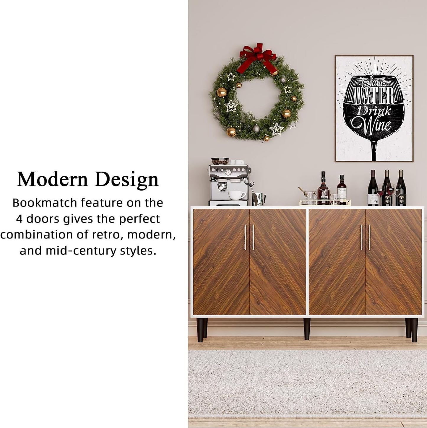 4 EVER WINNER 55" Sideboard Buffet Cabinet with Storage, Coffee Bar Cabinet with Adjustable Shelves, Kitchen Storage Cabinets with 4 Doors for Kitchen, Dining Room