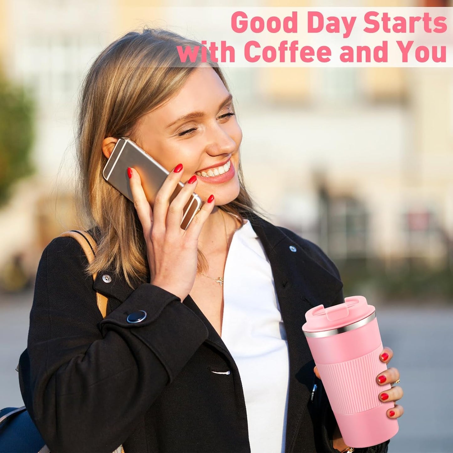 Sabary 4 Pack 16 oz Bulk Travel Coffee Mug with Lid Reusable Vacuum Insulated Coffee Tumbler Double Wall Thermal Stainless Steel Camping Tea Cup for Christmas Winter Drinks Employee Gift(Pink)