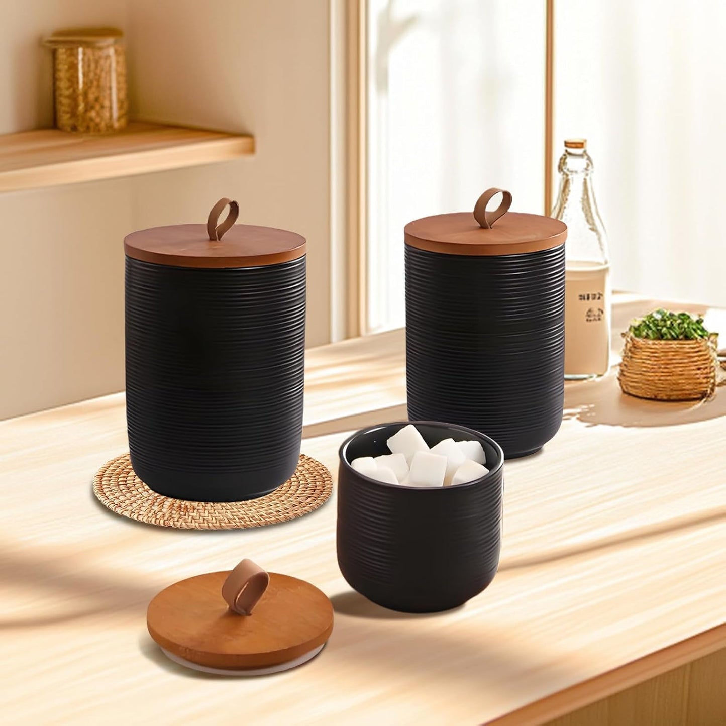 Food Storage Jar Strong Ceramic Storage Canisters with Airtight Wooden Lid,Kitchen Storage Containers for Serving Coffee Beans, Tea, Sugar, Salt, Spices (Little black)