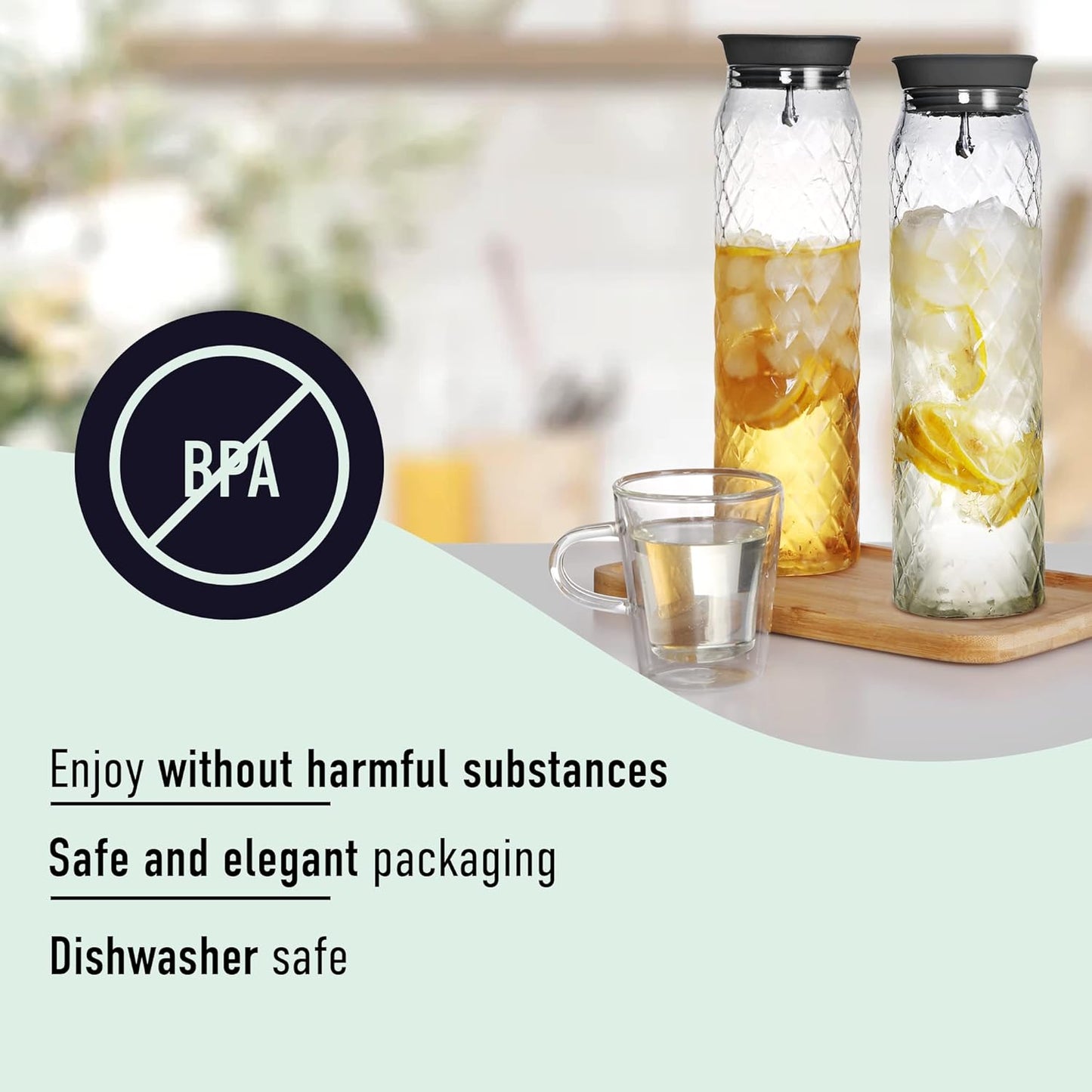 Glass Pitcher - 1.2 Liters / 41 oz, Borosilicate Glass - Water Carafe with Lid - for Hot/Cold Beverages - Milk Jug - Iced Tea Pitcher - Juice Server - by PJC-Kitchen