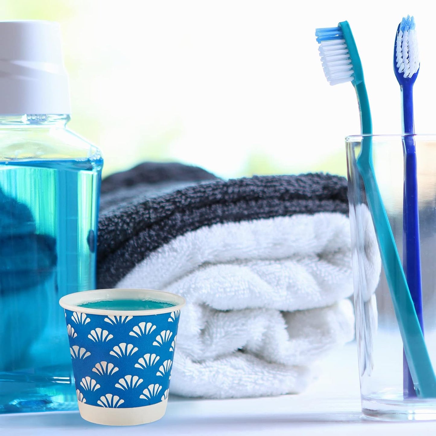 JollyPack 300 Pack 3 oz Disposable Bathroom Paper Cups, Small Mouthwash Cups in Orange, Blue, and Green, Great for Candy, Biscuits, Bathroom Use, Parties, Picnics, and Travel