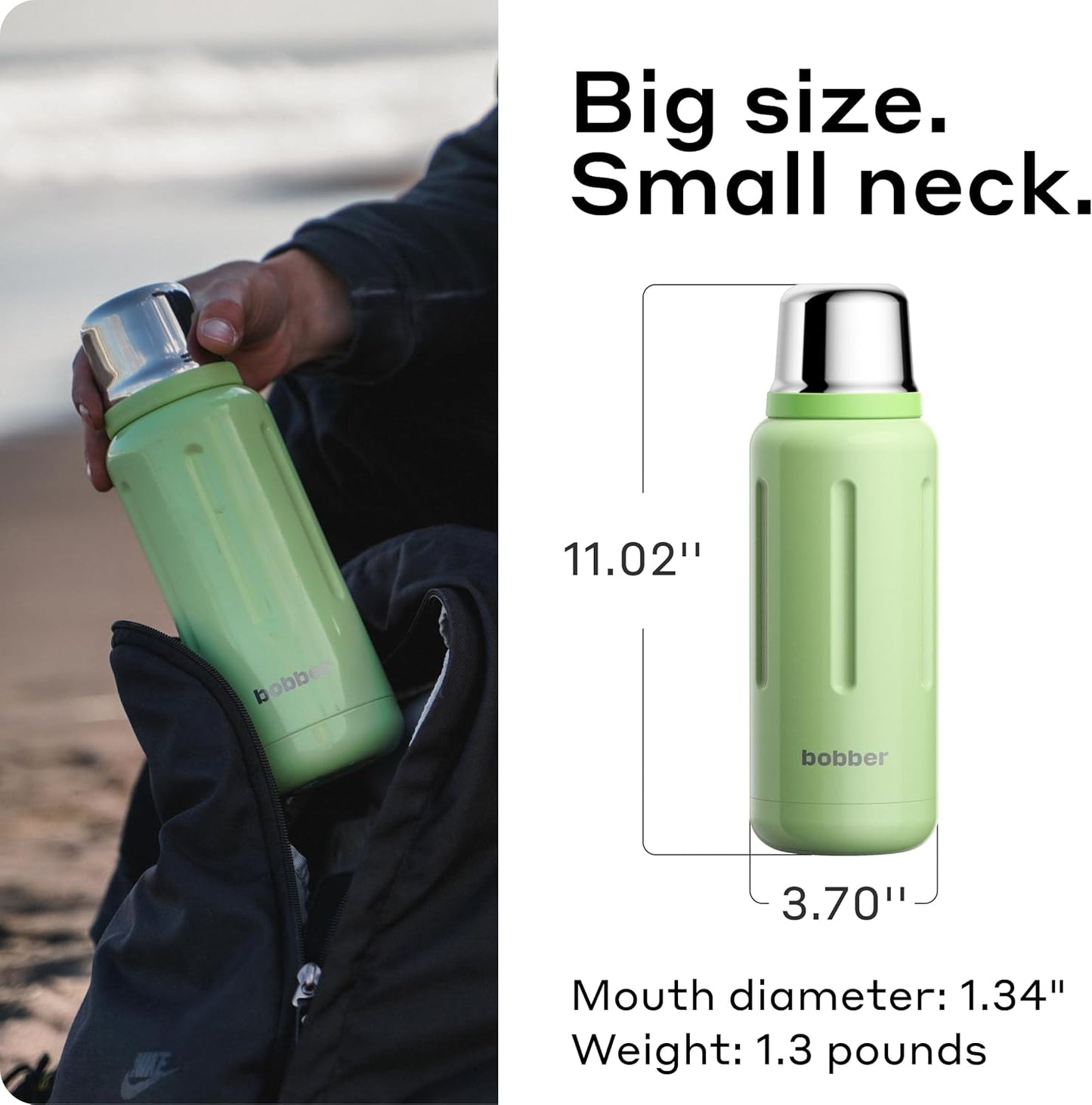 BOBBER 34 oz / 1 Liter Stainless Steel Travel Thermos for Hot and Cold Drinks – Dishwasher Safe Metal Water Bottle with Cup Lid – Keeps Hot for 48 Hours – BPA-Free, Vacuum Insulated (Mint Cooler)