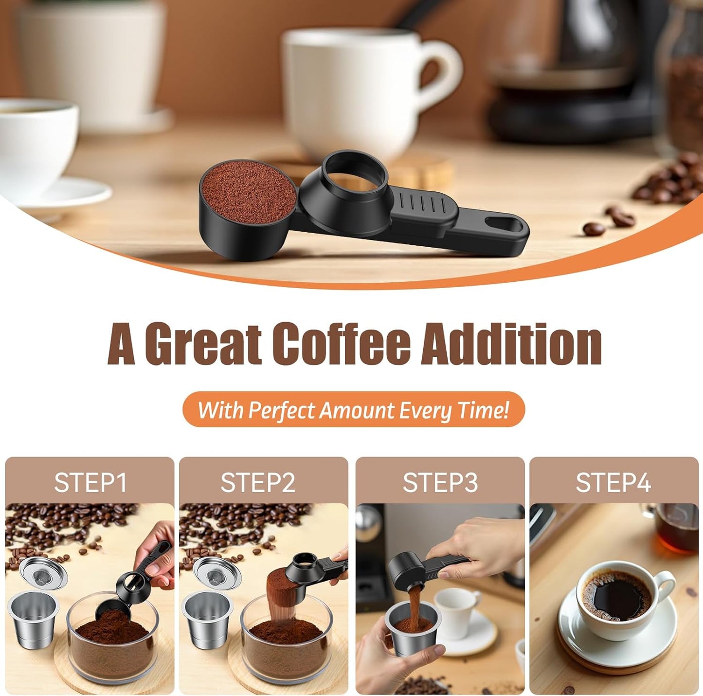 CAPMESSO Coffee Scoop & Funnel for Reusable K Cup Refillable Coffee Pods: 2 Tablespoon Coffee Measuring Scoop - Easy Slide Scoop for Ground Coffee, Protein Powder, Tea without Spilling (2 Pack)