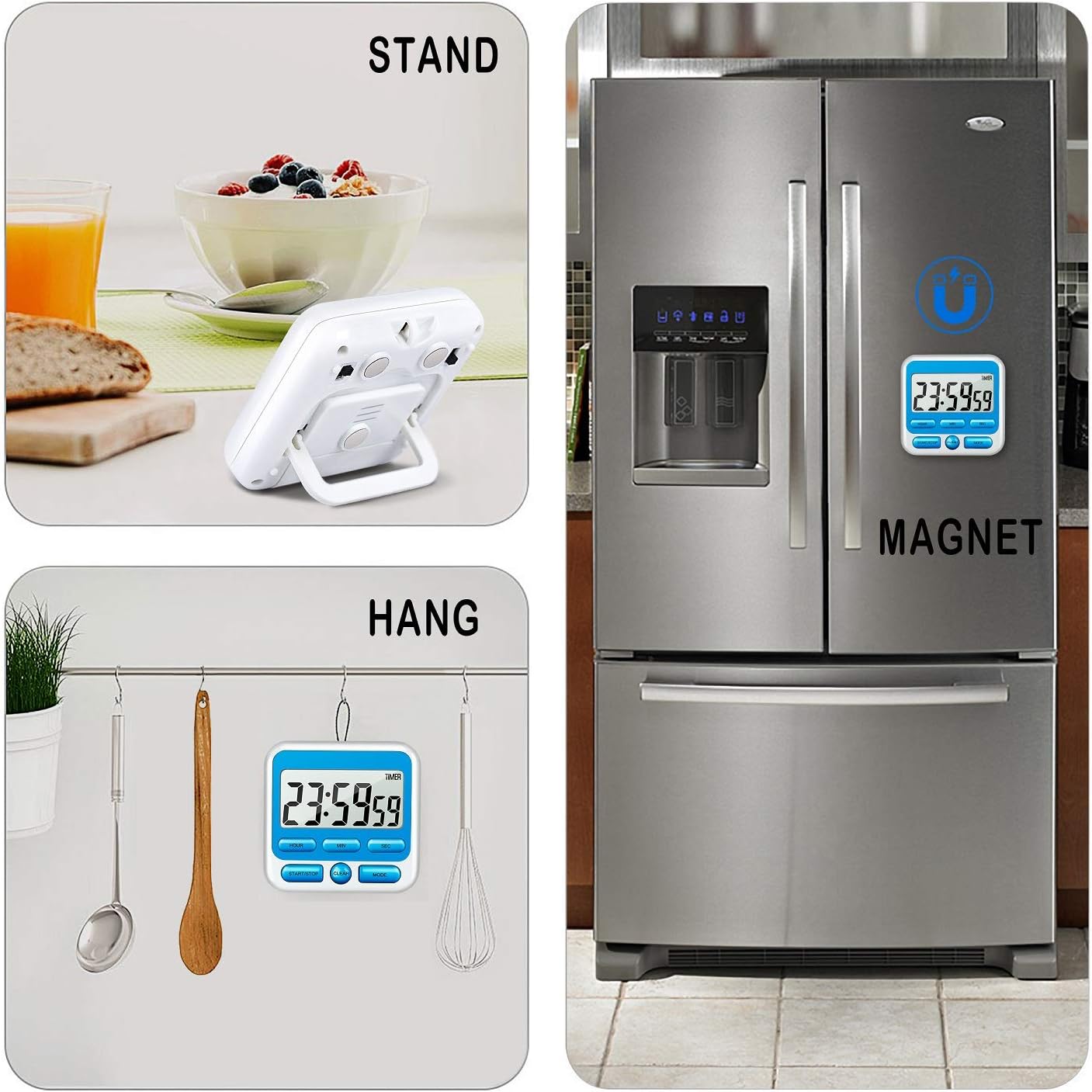 KTKUDY Digital Kitchen Timer with Mute/Loud Alarm Switch ON/Off Switch, 24 Hour Clock & Alarm, Memory Function Count Up & Count Down for Kids Teachers Cooking, Large LCD Display, Strong Magnet (Blue)