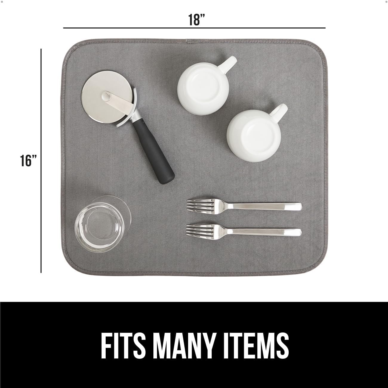 GORILLA GRIP Ultra Water Absorbent Microfiber Dish Drying Mat, Quick Dry Thick Mesh, Slip Resistant Pad for Sink Dishes or Under Rack, Kitchen Counter Accessories, 16x18, Machine Wash, 2 Pack Gray