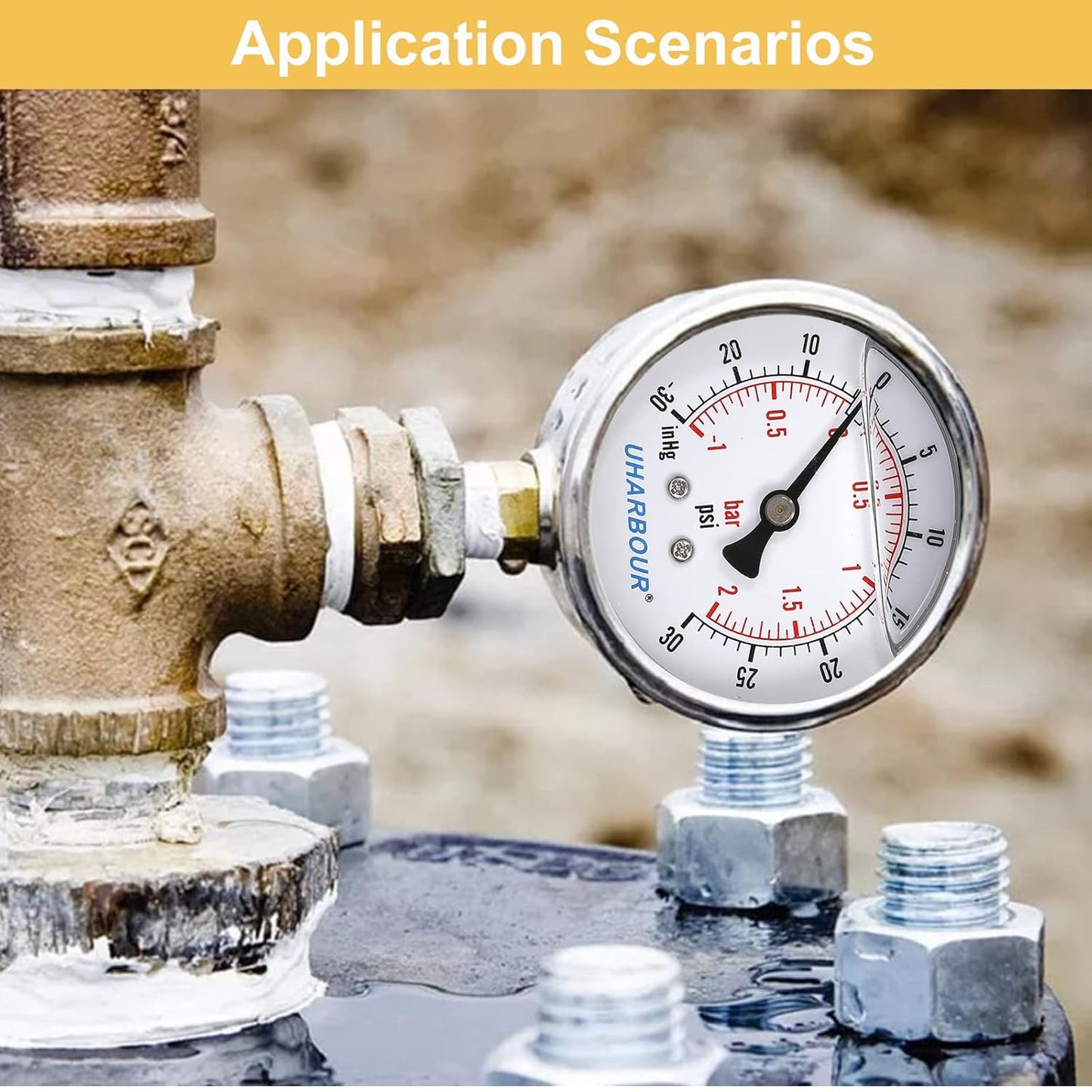 Pressure Vacuum Gauge 2-1/2" Dial Liquid Filled -30 inhg/30 PSI, Rubber Protective Case, 1/4" Brass Lower Mount, Including 1/4" to 1/8" Thread Adapter and Teflon Tape