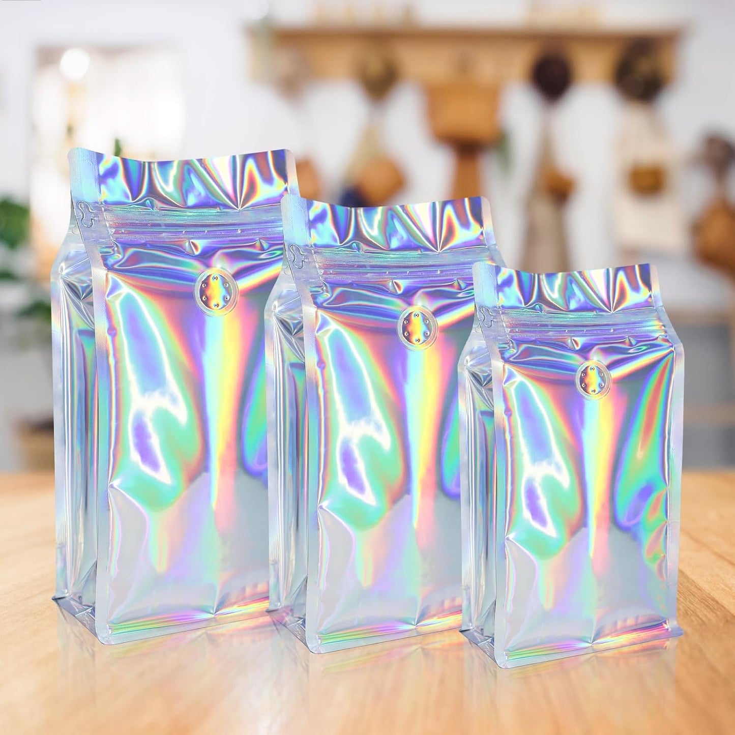 Coffee Bags with Valve (50 PCS,16oz/1lb) Holographic High Barrier Aluminum Foil Flat Bottom Standing Coffee Beans Storage Packaging Bags, Reusable Heat Seal Side Zipper Pouches for Small Business