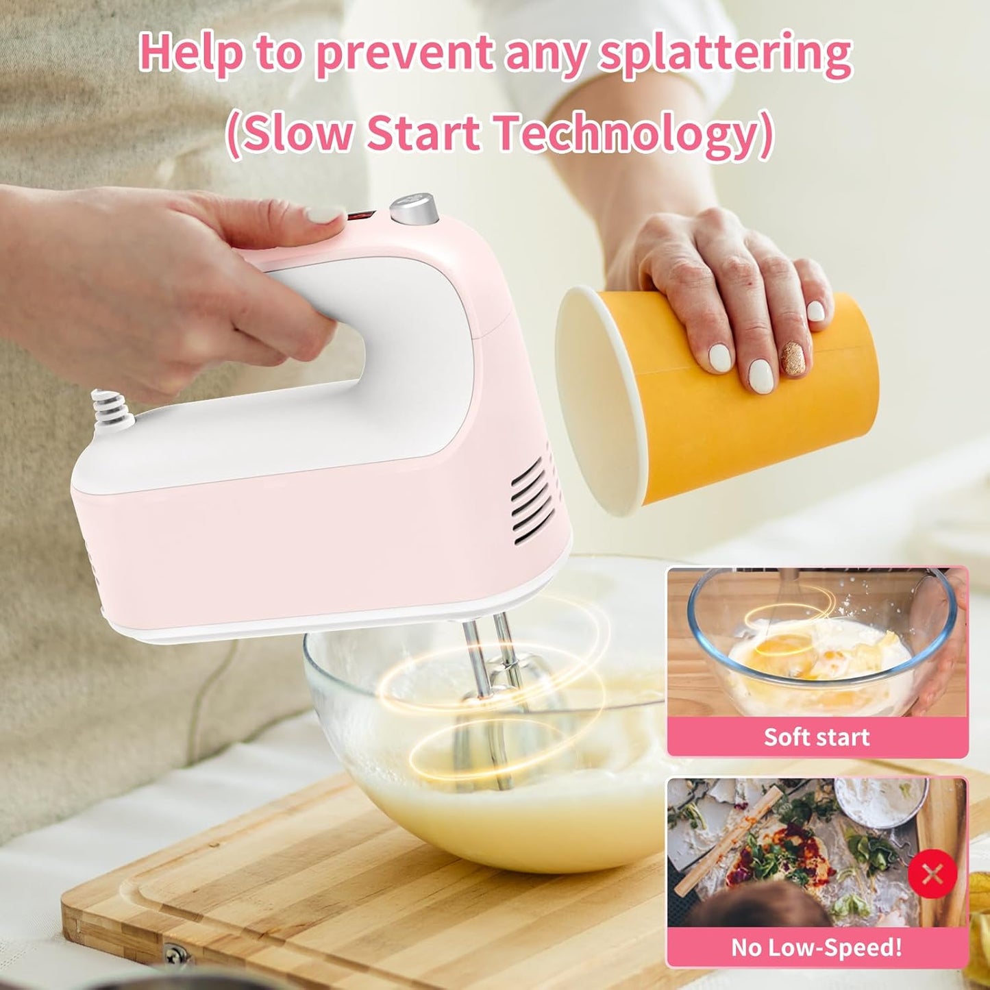 CBQ Hand Mixer Electric, 9 Speed 400W Handheld Mixer with Digital, Touch Button, Turbo, Storage Case, 5x Stainless Steel Accessories, Mixer Electric Handheld for Cake, Cookie, Egg (Pale Pink)