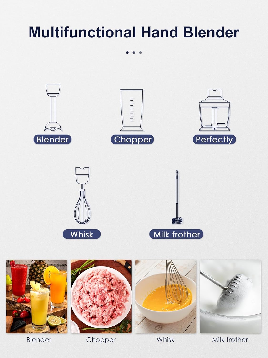 5-in-1 Hand Immersion Blender, 1000W Handheld, Copper Motor Stainless Steel Blade Stick, Mixing Beaker, Food Processor, Whisk, Milk Frother for Smoothies Puree Baby Food (Black)