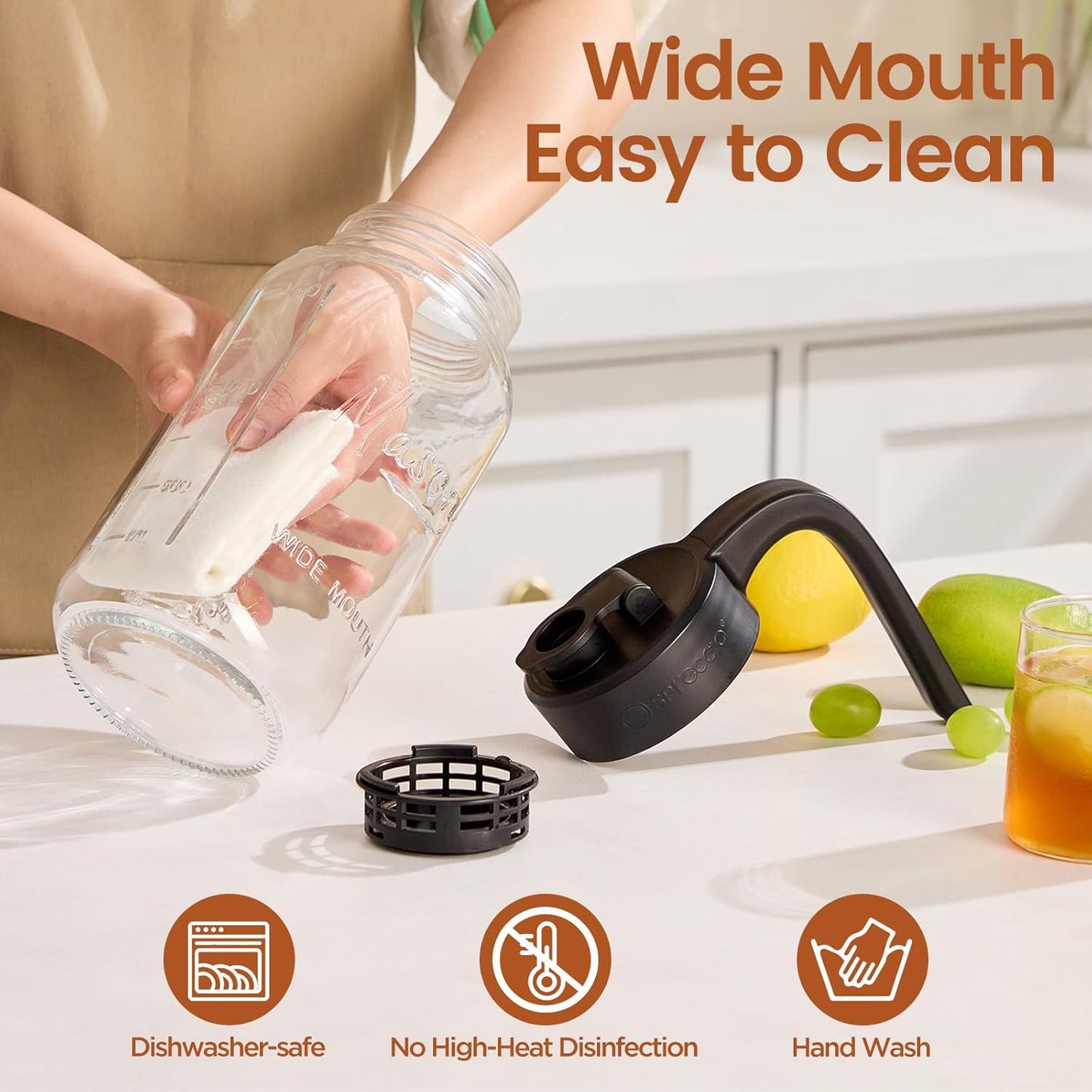 Mason Jar Pitcher with Tea Filter, Airtight & Leakproof Glass Pitcher with Lid, 64 oz Sun Tea Glass Jar for Outside, Perfect for Sun Tea, Lemonade, and iced Tea