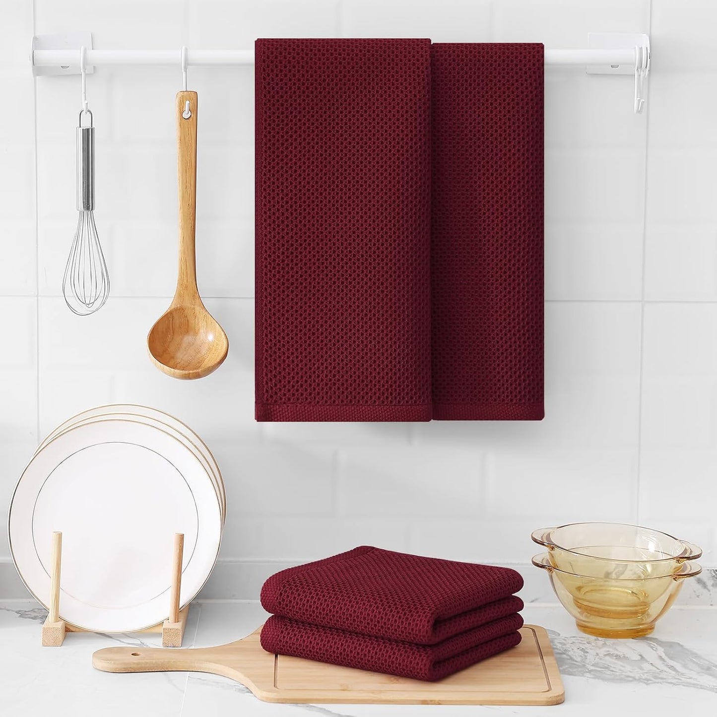 Kitinjoy 100% Cotton Waffle Weave Kitchen Towels, 6-Pack Super Soft and Absorbent Dish Towels for Drying Dishes, Kitchen Hand Towels, 13 in x 28 in, Burgundy