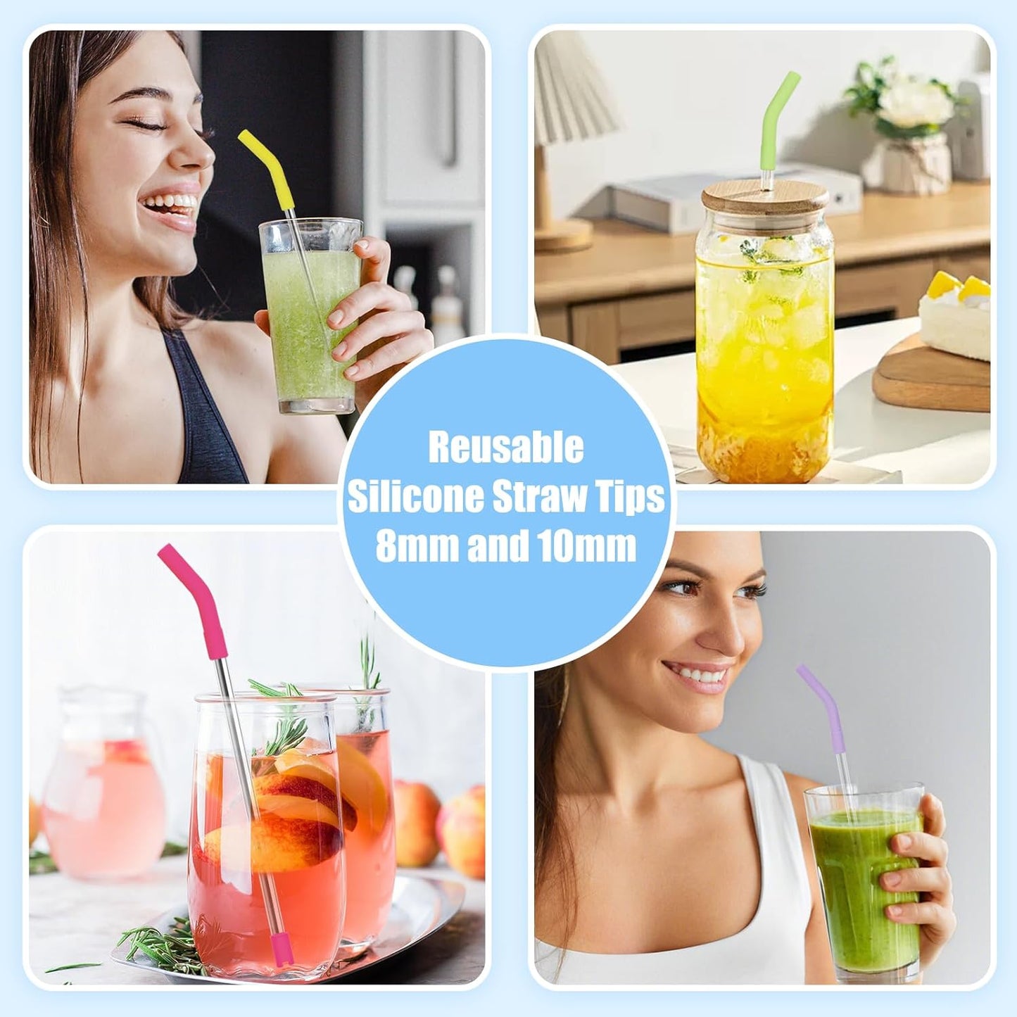 KEIFIN 18 Pcs 8mm 10mm Silicone Straw Tips with Bottom Sleeve Reusable Food Grade Rubber Straw Tips for Metal Glass Straws Replaceable Flex Toppers Elbow Covers for 8/10mm Outer Diameter Straws