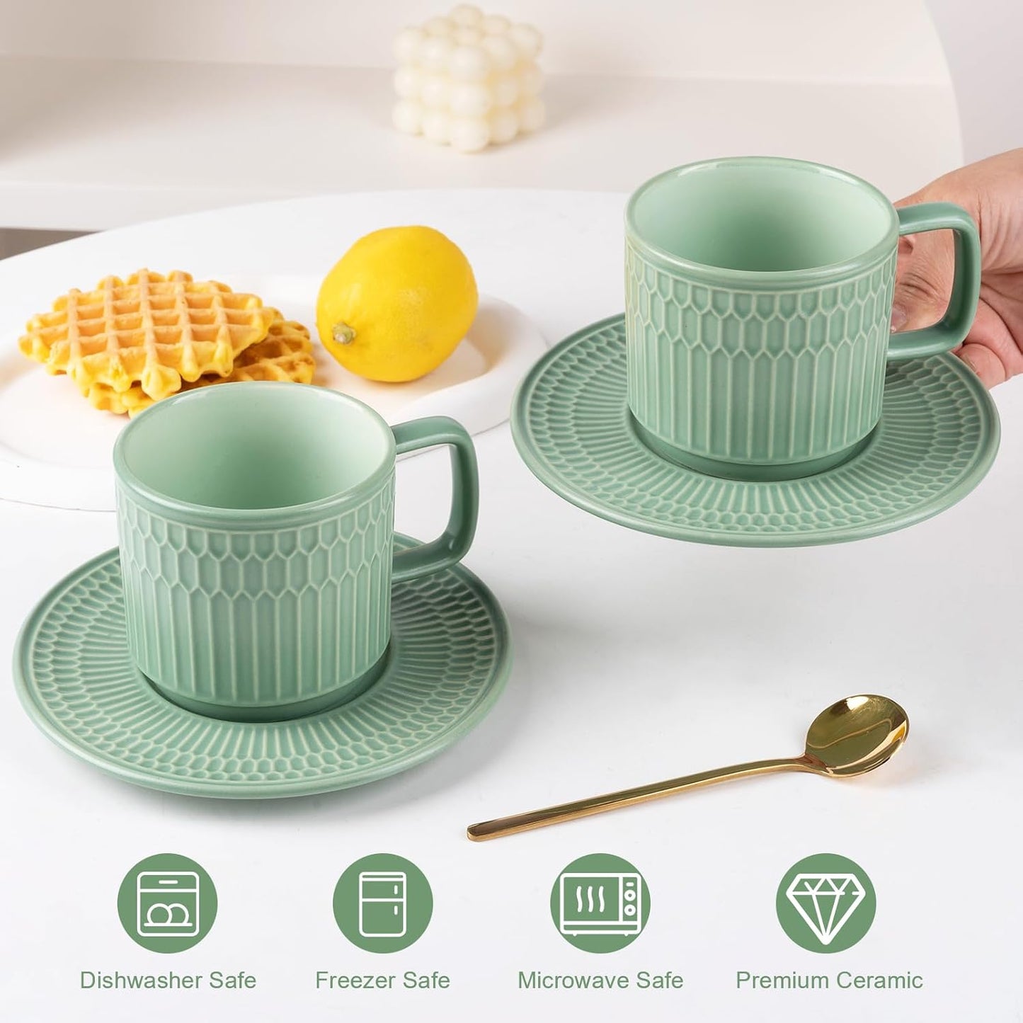 Large Cappuccino Cups with Saucers Set of 4, 8 Ounce Stackable Embossed Ceramic Coffee Mugs for Specialty Coffee Drinks, Latte, Cafe Mocha and Tea, Dishwasher & Microwave Safe (Green)