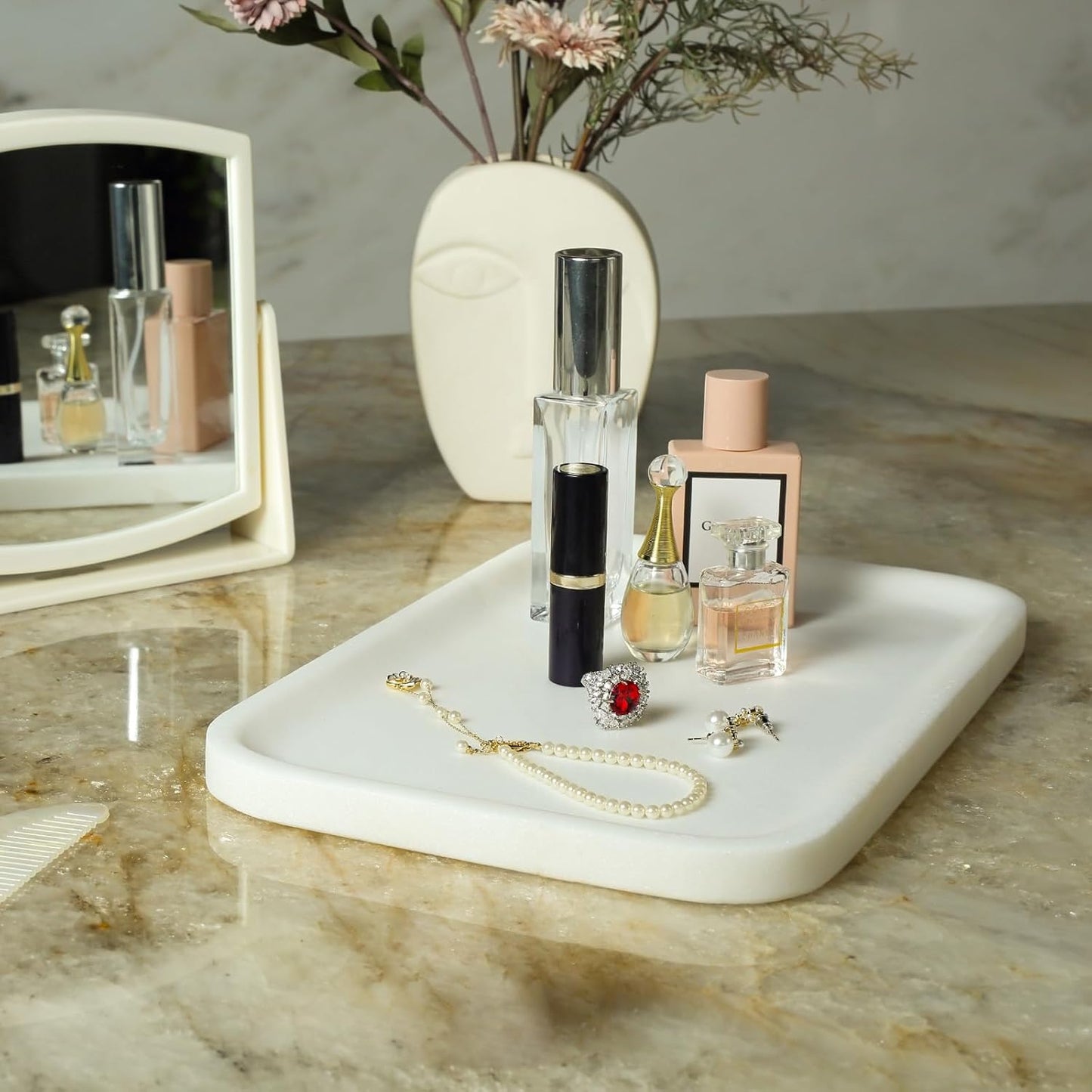 Koville Marble Tray, 12"x8" Marble Vanity Tray for Bathroom Kitchen Countertop, Rectangular Stone Tray for Cosmetics Perfume Trinket, Decorative Catchall Trays (White)