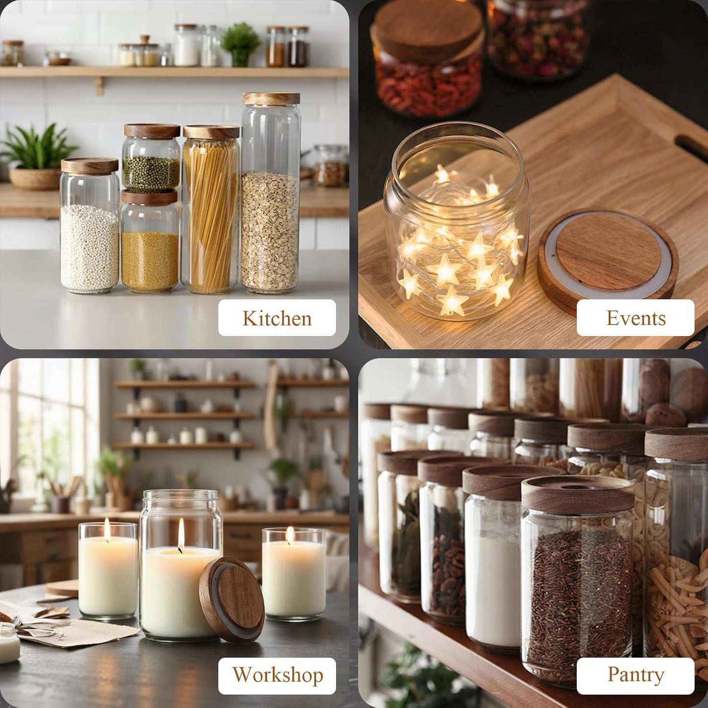 Glass Jars with Airtight Wood Lids - 25 oz Small Kitchen and Pantry Storage Containers, Canisters for Chia Seed, Ground Coffee, Sugar, Spice, Salt, Salad, Matcha, Set of 2