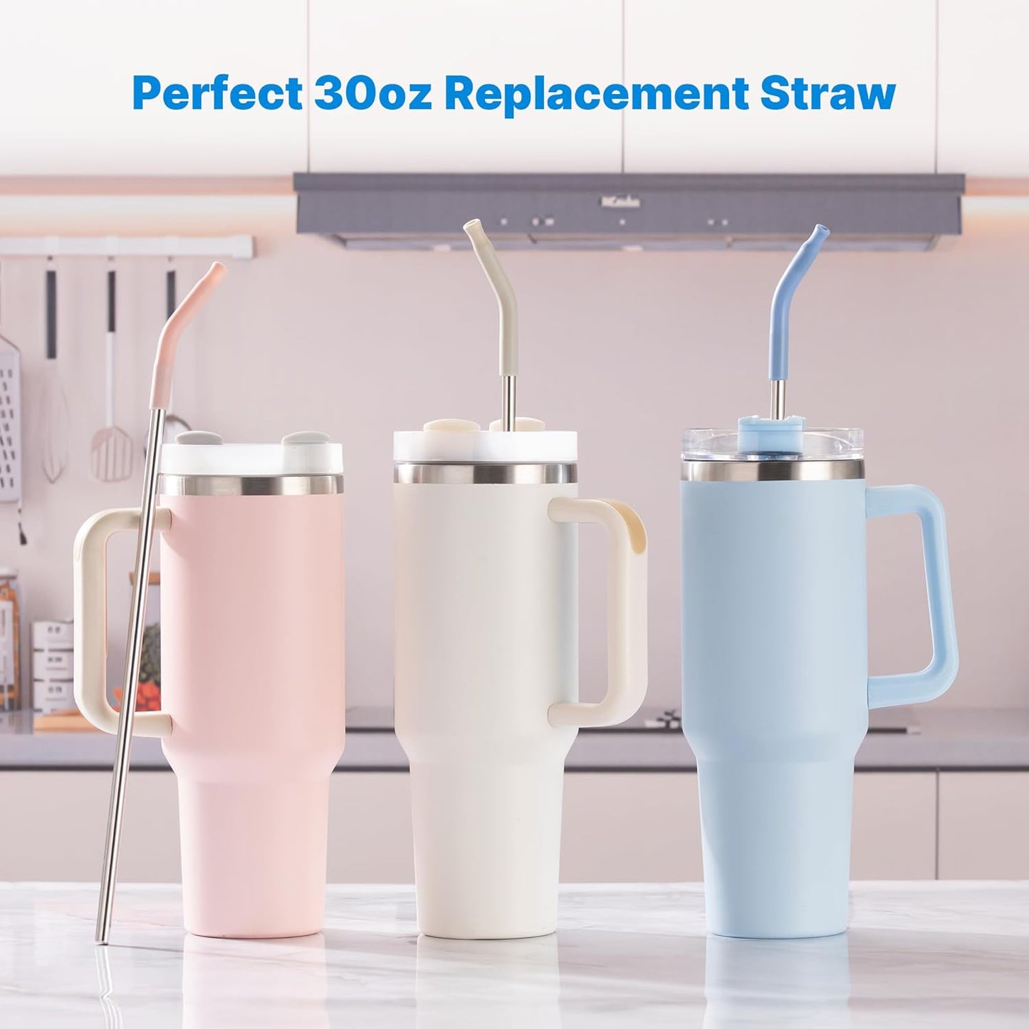 Repeatable Metal Straw with Silicone Tips for 30 oz Stanley Tumbler, 2 Pcs 30 oz Stainless Steel Straws Replacement for Stanley Tumbler, 1 Straw Brush, BPA Free(White)