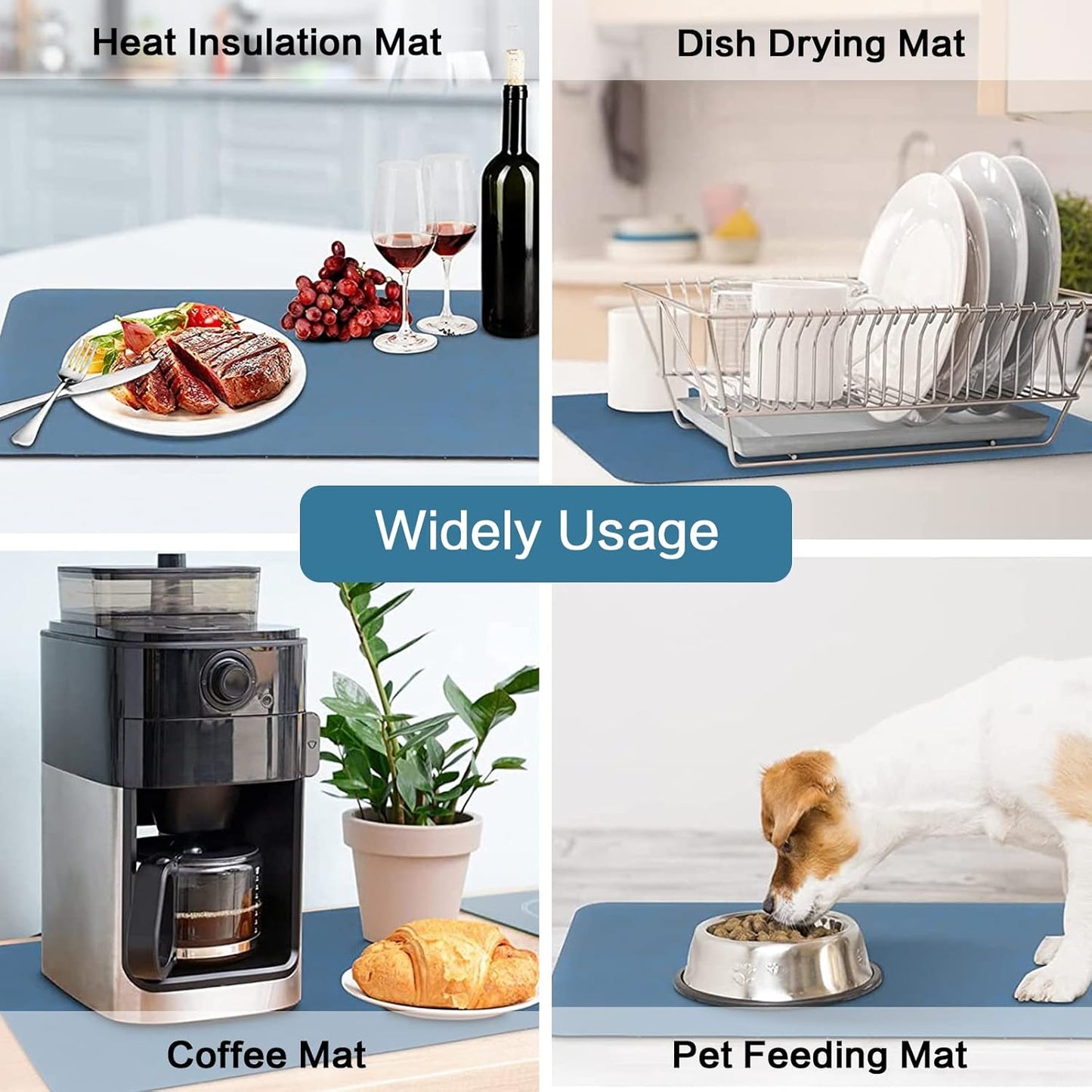 Dish Drying Mats, 16''x24'', Absorbent Bar Mats for Kitchen Counter, Anti Spill, Rubber Backed, Fit Under Coffee Maker & Espresso Machine, Blue