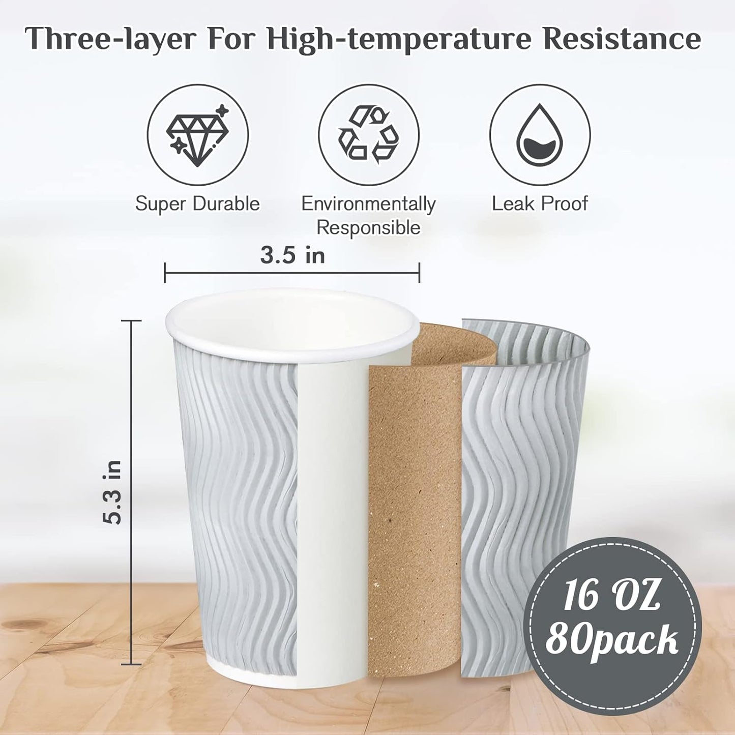 MUCHII 16 oz Disposable Coffee Cups, 80 Count Silver Grey Insulated Ripple To Go Cups With Lids and Straws for Tea, Hot Chocolate, and Drinks