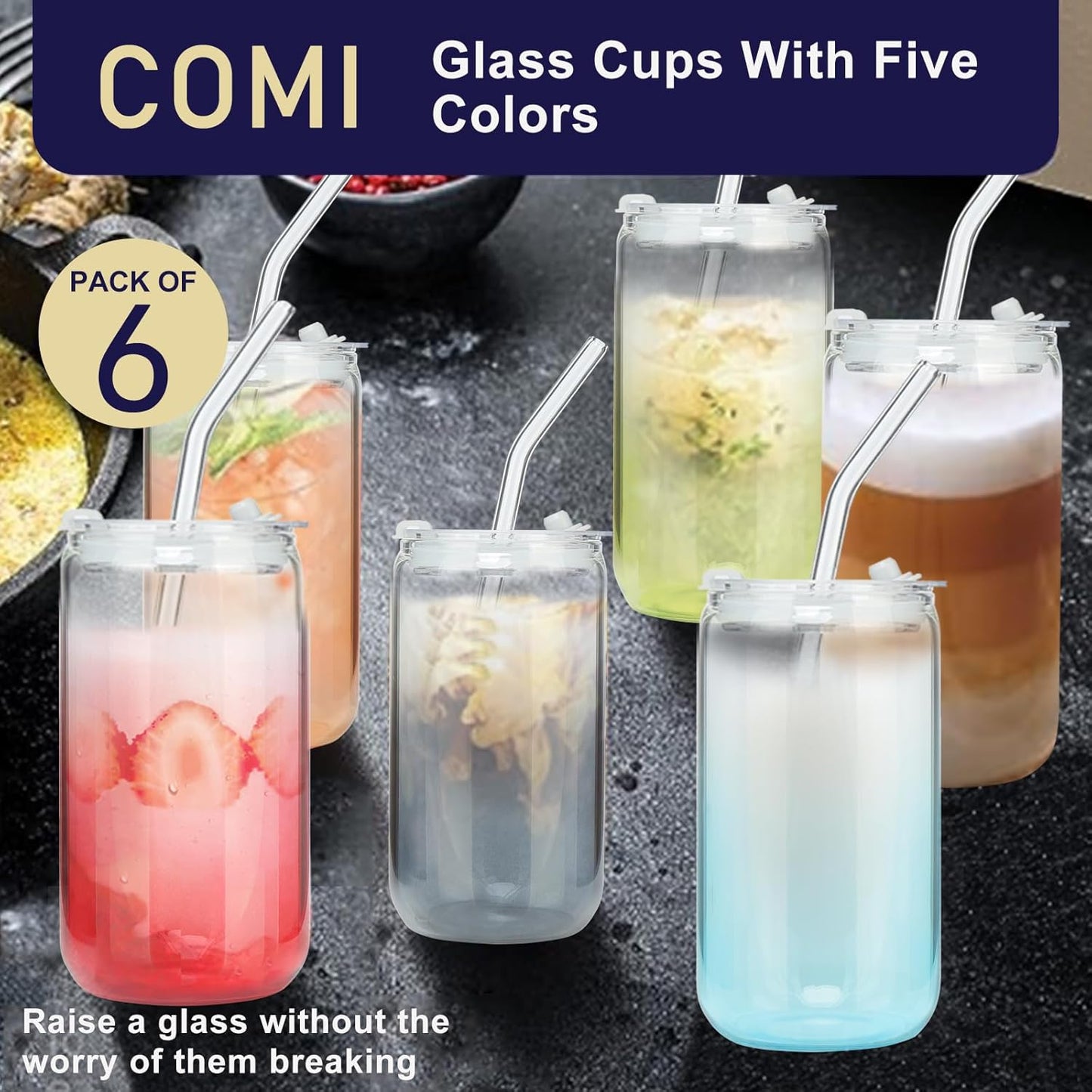 COMI 6pcs Glass Cups with Lids And Straws, Glass Tumbler for Iced Coffee, Drinking Glasses with Two Cleaning Brush,Glass Drinking Set