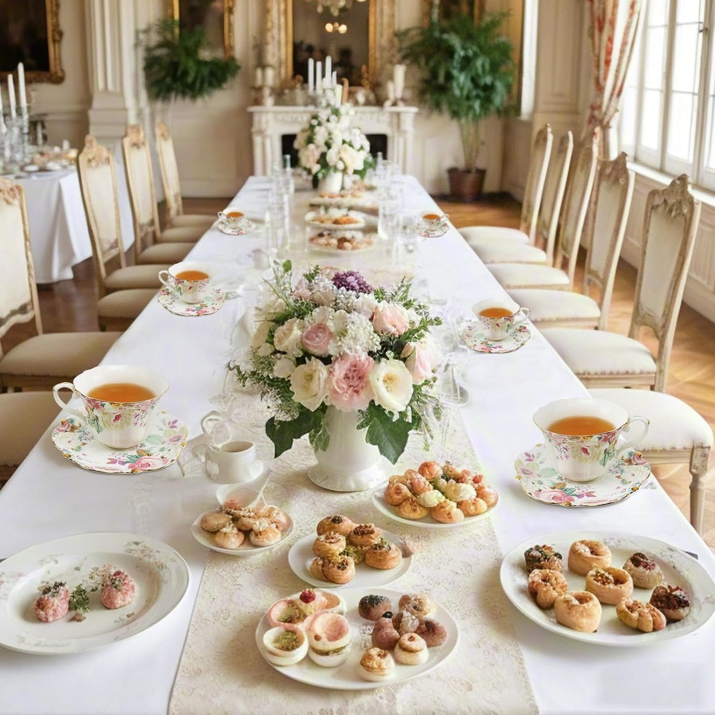 TATSUMI Country Roses Bone China Tea Cup and Saucer Set, 6 Pieces, Vintage Style, For Women and Tea Parties(Pink,2 Set)