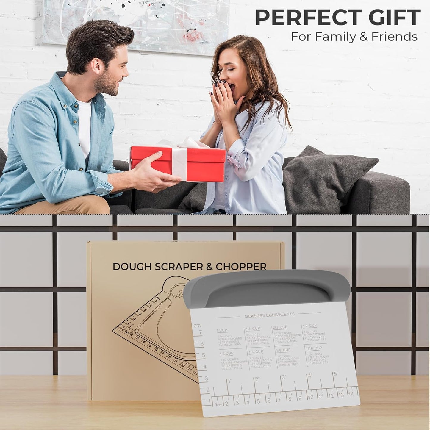 Bench Scraper Dough Cutter Tool - Pastry Scraper for Bread Cake Pizza, Bench Knife Kitchen Dough Scraper for Baking, Stainless Steel Food Scraper with Grip Handles & Measuring Scale, Grey