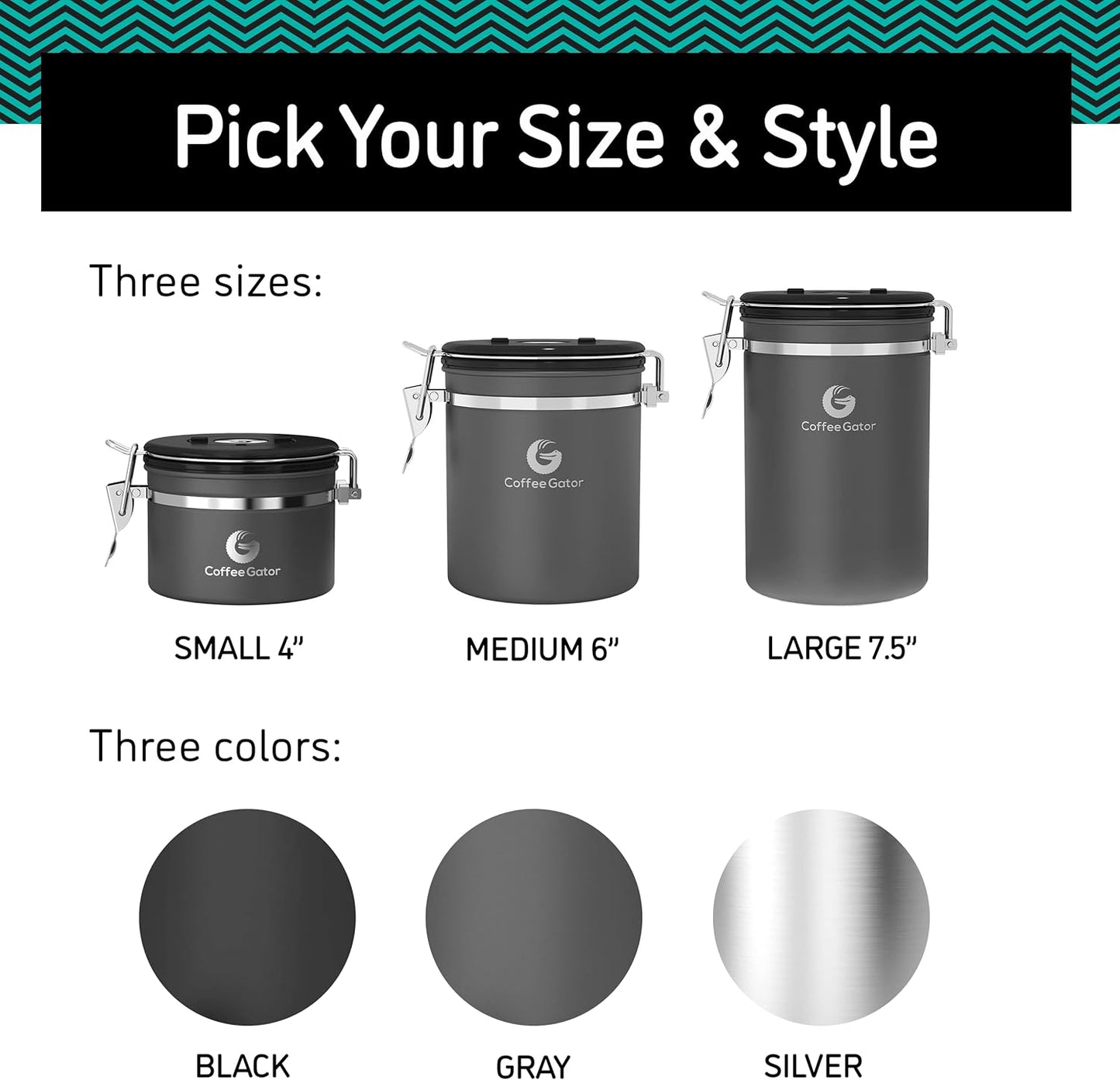 Coffee Gator Coffee Canister, 16oz Airtight Stainless Steel Kitchen Food Storage Container with Date Tracker, Scoop for Sugar,Grounds Coffee, Beans,Tea, Sugar, Cereal, Flour, Cookies Jars - Silver