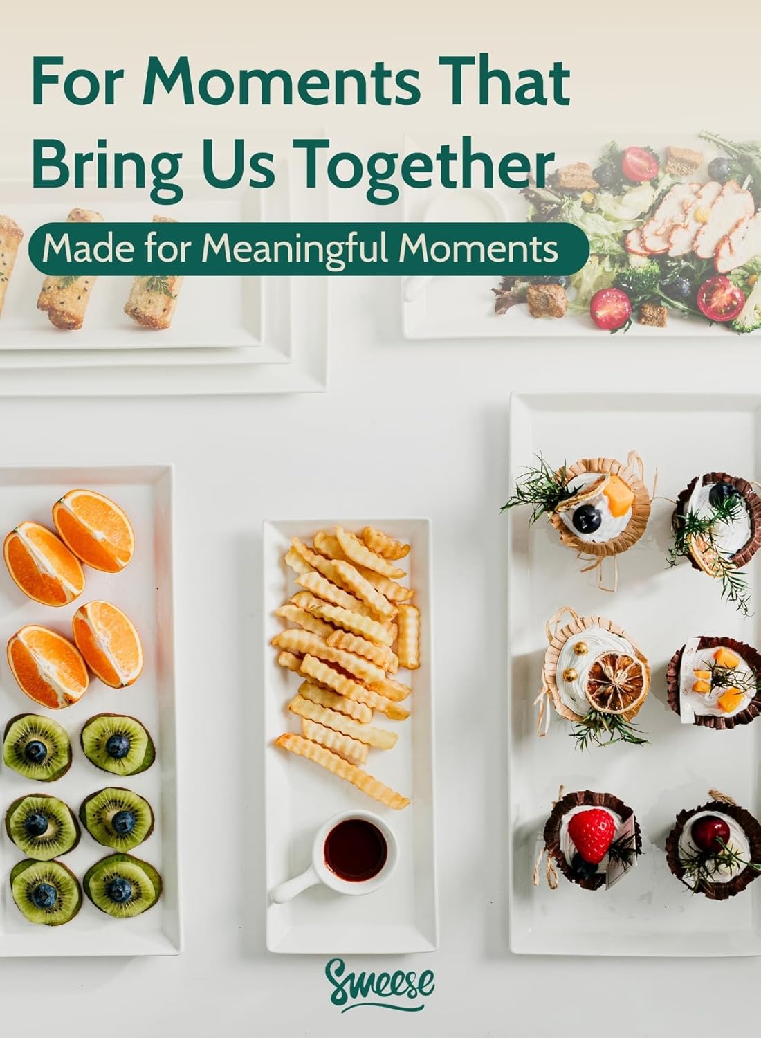 Sweese Rectangular Porcelain Platters, Serving Trays for Parties, 13.8 Inch Large Serving Dishes for Steak, Taco, Sushi, Appetizer, Cake - Dishwasher & Oven Safe - Set of 4, White