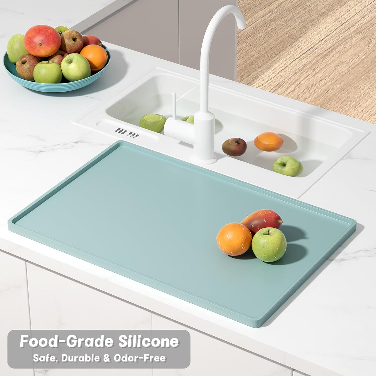 Rnivvi Silicone Coffee Mat, 16" x 24" Waterproof Raised Edge Coffee Bar Mats for Espresso Machine Station Accessories, Heat Resistant Dish Drying Pad for Kitchen Counter, Bar Decor Pad, Shadow Green