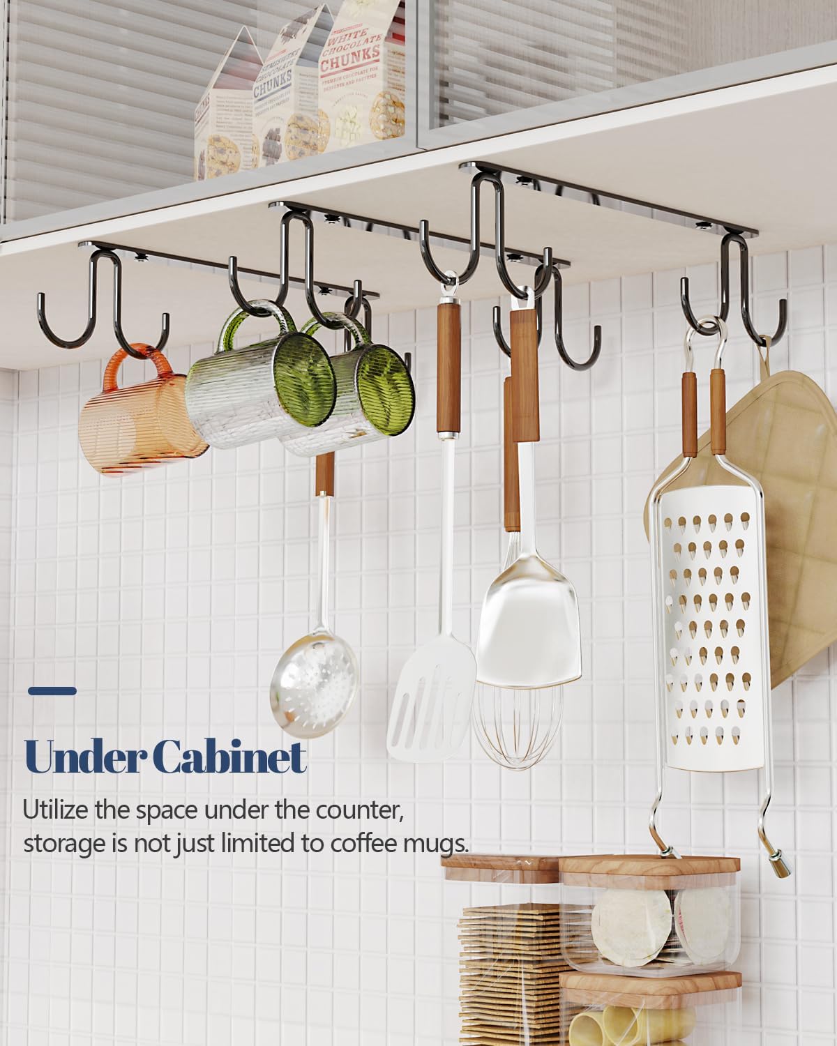 Mug Hooks Under Cabinet 3 Pack, Metal Cup Hooks for Hanging Under Shelf, Mug Organizer Rack with 12 Hooks for Displaying Mugs, Coffee Cups and Kitchen Utensils, Black