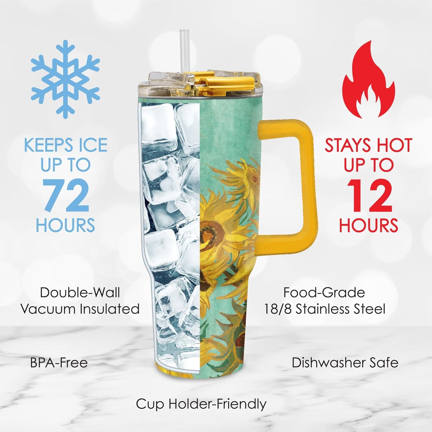 RainCaper 18/8 Stainless Steel Insulated Water Tumbler with Straw | 30oz, BPA-Free, Double Wall for Hot & Cold | Travel-Friendly, Cup Holder Ready (van Gogh Sunflowers)