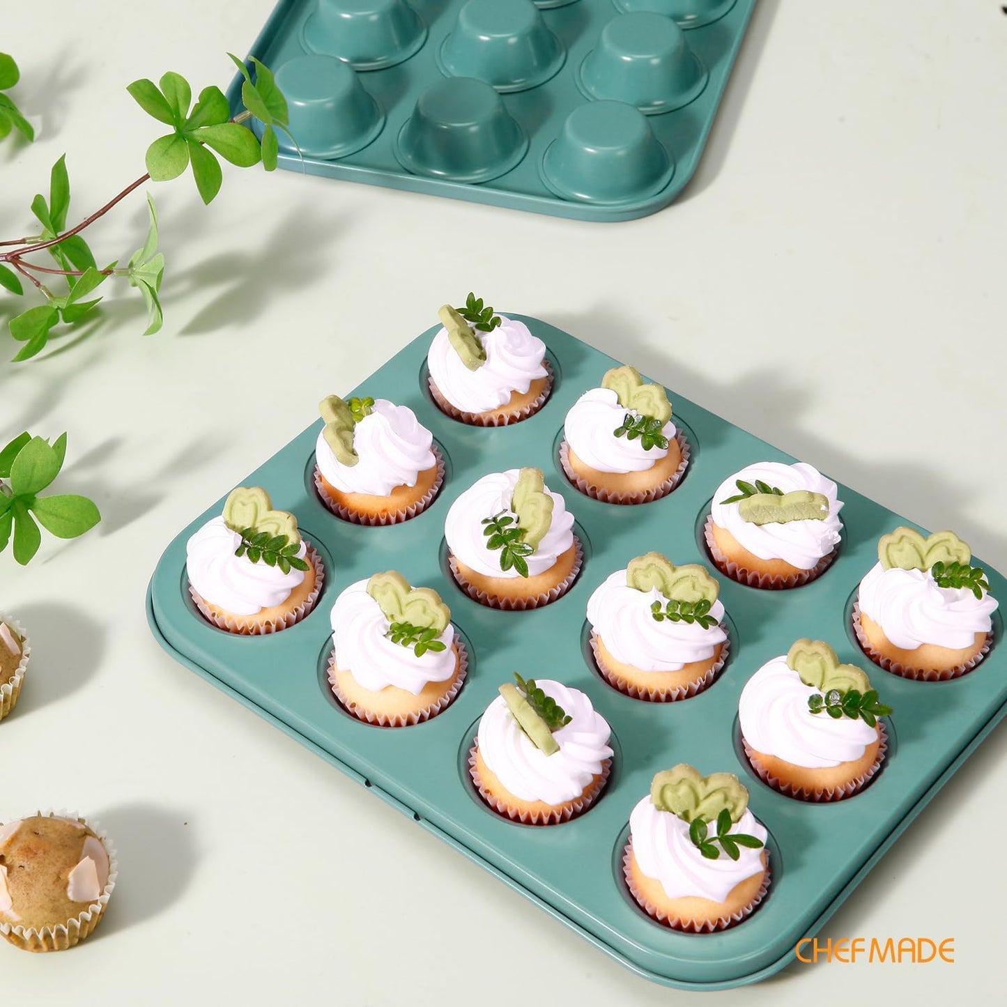 CHEFMADE Mini Muffin Cake Pan, Nonstick 12 Cavity Mini Muffin Bakeware Cupcake Pan for oven Baking(Green)