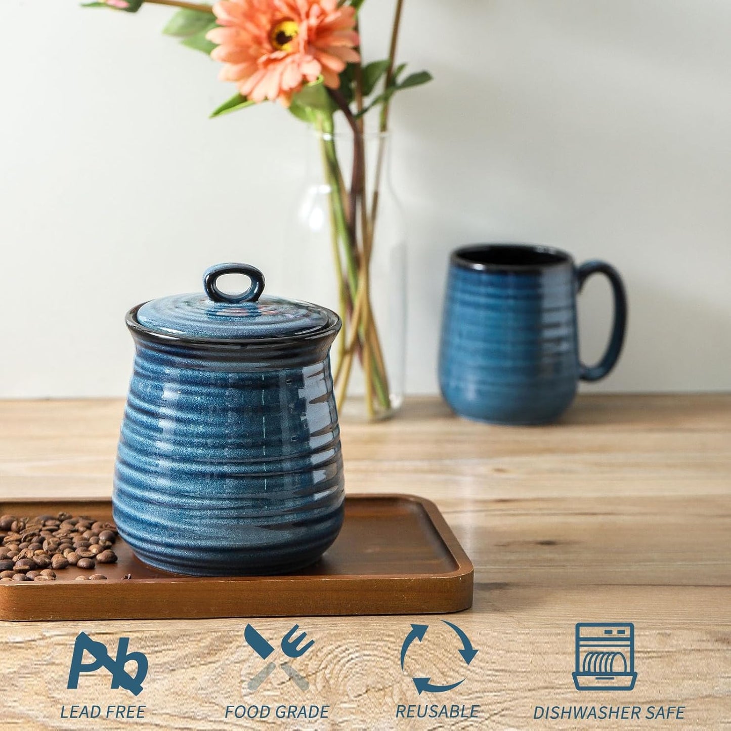 Ceramic Kitchen Canister, Large Food Storage Jar with Aritight Lid for Coffee,Tea,Sugar,Flour,Cookie,Candy,Cereal,Dog Treat, 35 oz Coffee Canister for Kitchen Countertop, Blue