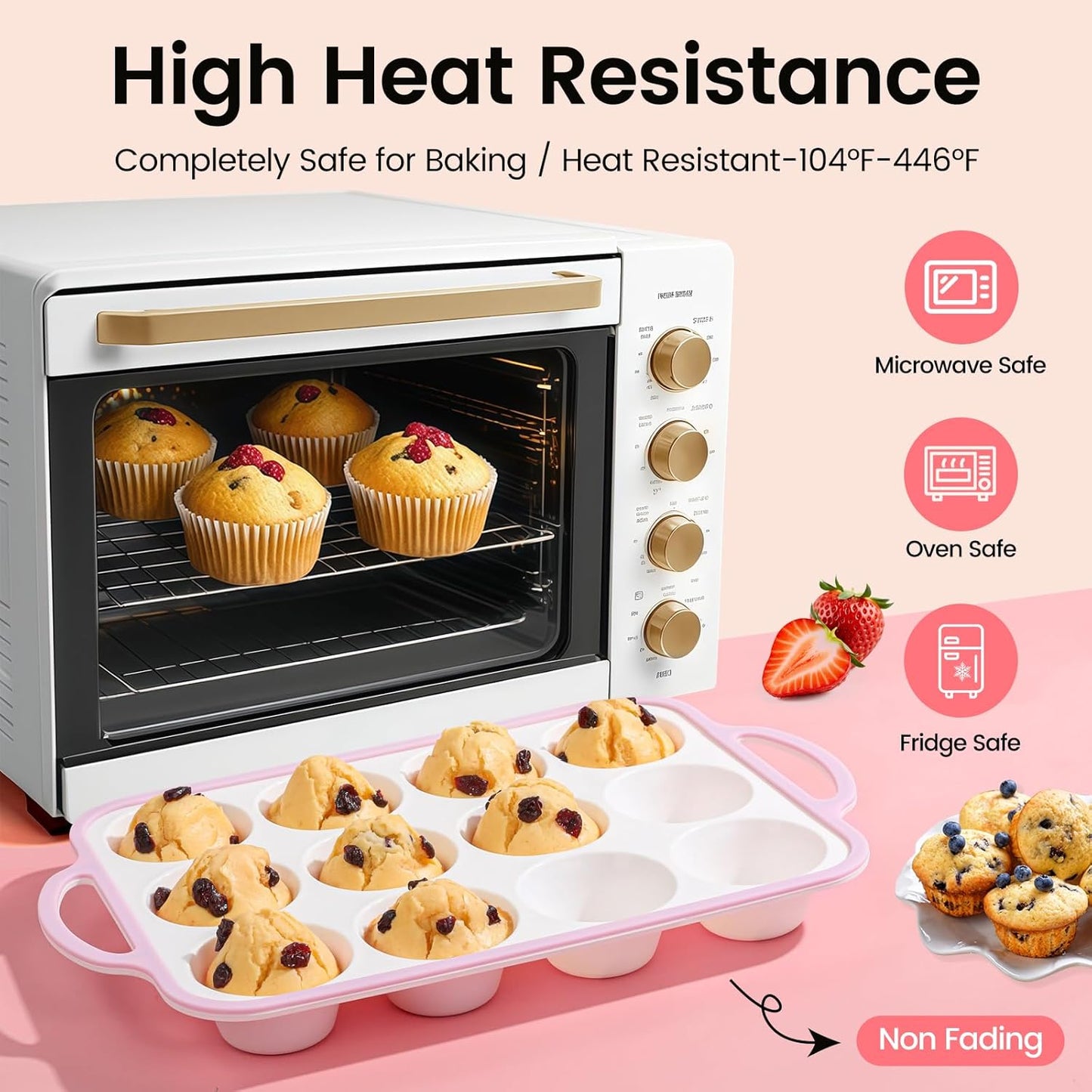 Silicone Muffin Pans for Baking 1 Pack, 2.6 Inch with Metal Reinforced Frame, Regular Size Nonstick Silicone Cupcake Pan for Baking Homemade Muffins, Cupcakes, Dishwasher Safe BPA Free-Pink